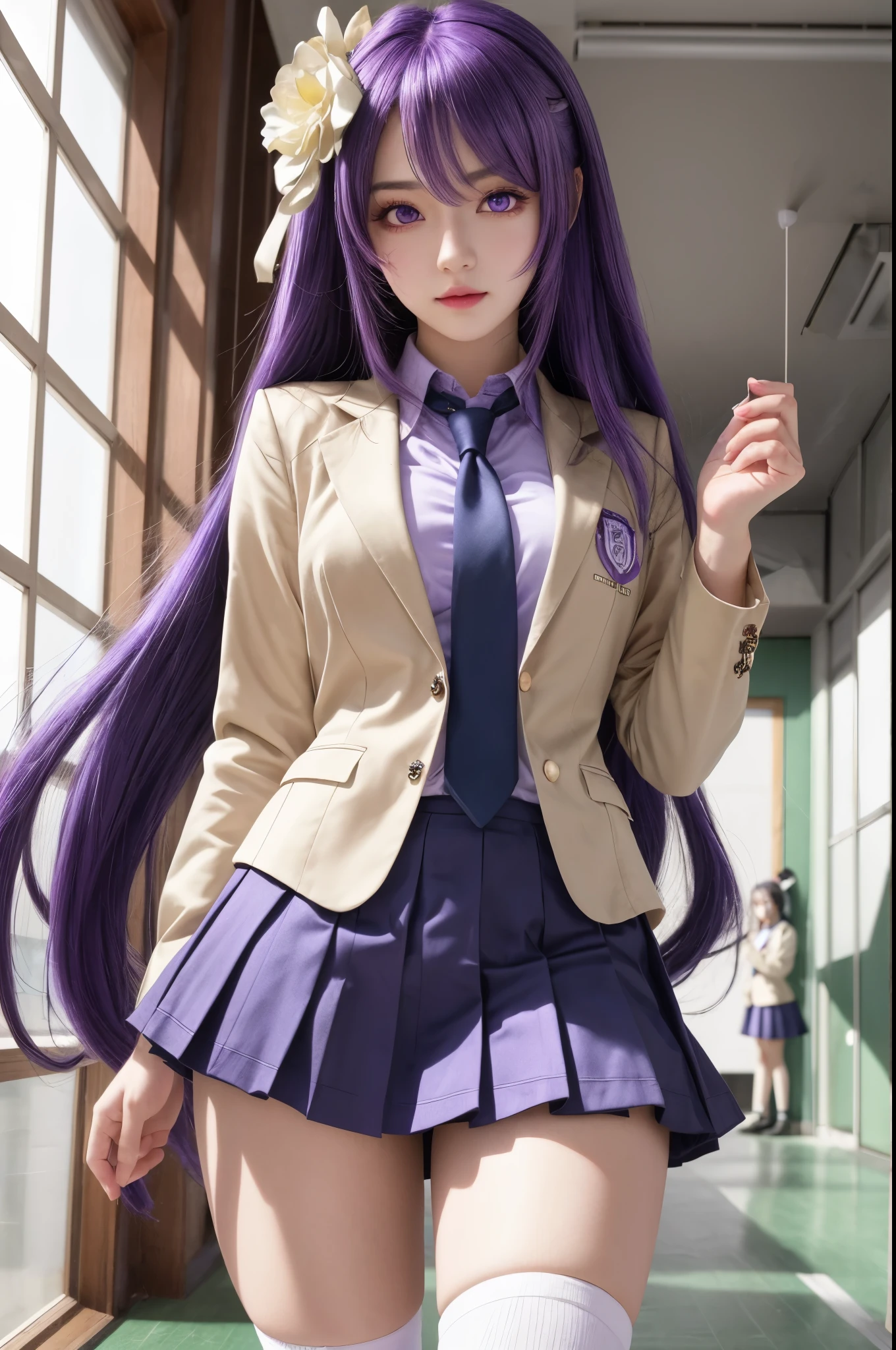 Schoolgirl costume purple and black,
Short skirt, mini skirt, tiny open croctop, string, teasing, sexy,