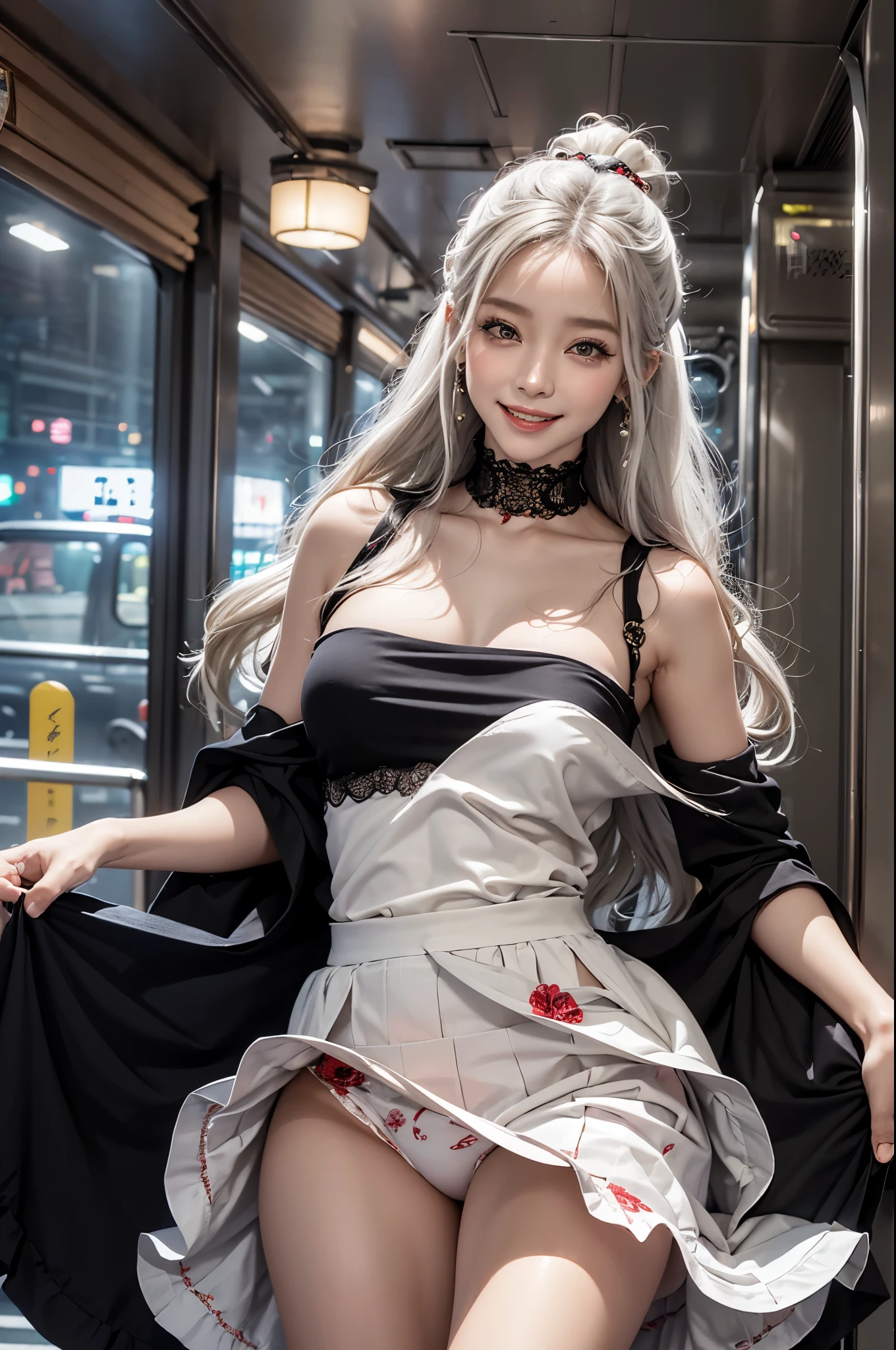 lifelike, high resolution, 1 lady, alone, buttocks raised, view viewer, (Detailed face), white hair, long hair, Red maid outfit, jewelry、)((Off the shoulders))、(((skirt向上)))、)((skirt))((Black lace is clearly visible)),((a smile))