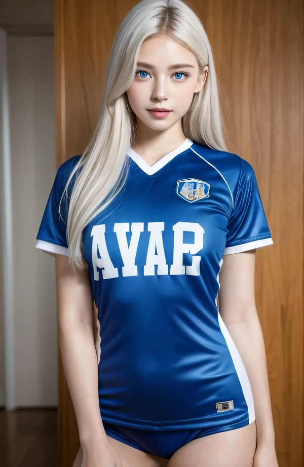 14Caucasian model at the age, 両脚でFull body photo standing,((Clean clothes)), Wear a volleyball uniform that fits your body, Natural light, Pretty Caucasian Woman, white hair, bright smile, (8K, Live shooting, highest quality, masterpiece: 1.2), masterpiece, super detail, , High-definition RAW color photo, Full body photo standing, , , , , highly detailed eyes, realistic skin texture, highly detailed fingers, very detailed nose, highly detailed mouth, , Photo above the knee, , See-through feeling、Transparent processing、Wear clothes that are tight to the body、, White hair, Blue eyes, masterpiece, realistic skin texture, , shiny hair and white skin, 、 natural skin texture, A young woman who looks like a girl, Photo above the knee、Blue eyes, 、lowered eyebrows, innocent face, Eyes that look gentle, natural skin texture, round face, Kind eyes, long and pure white beautiful hair、, small face, No decorations attached, white, drooping eyebrows, Mont Blanc, white, drooping eyebrows、Eyes with sparkle、Both eyes are the same shape and size、wearing a volleyball uniform