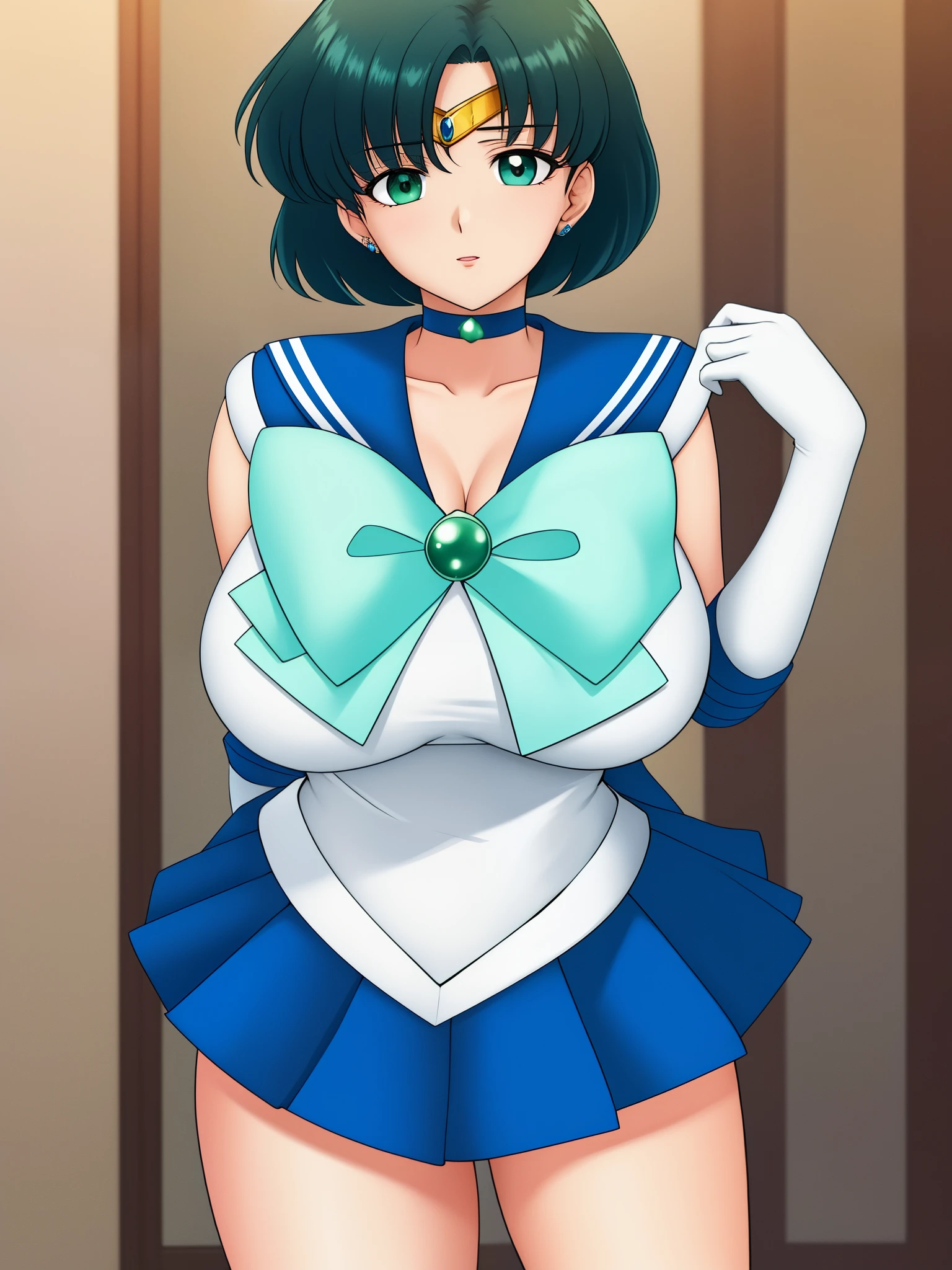 Mizuno_friend, Huge_chest, Are standing, alone, Classic SMRC_green_skirt_white_gloves_green_boots_green_choker_green_bowtie_green_return_bow_circlet_green_brooch, masterpiece, highest quality, detailed face, fine eyes, High resolution,