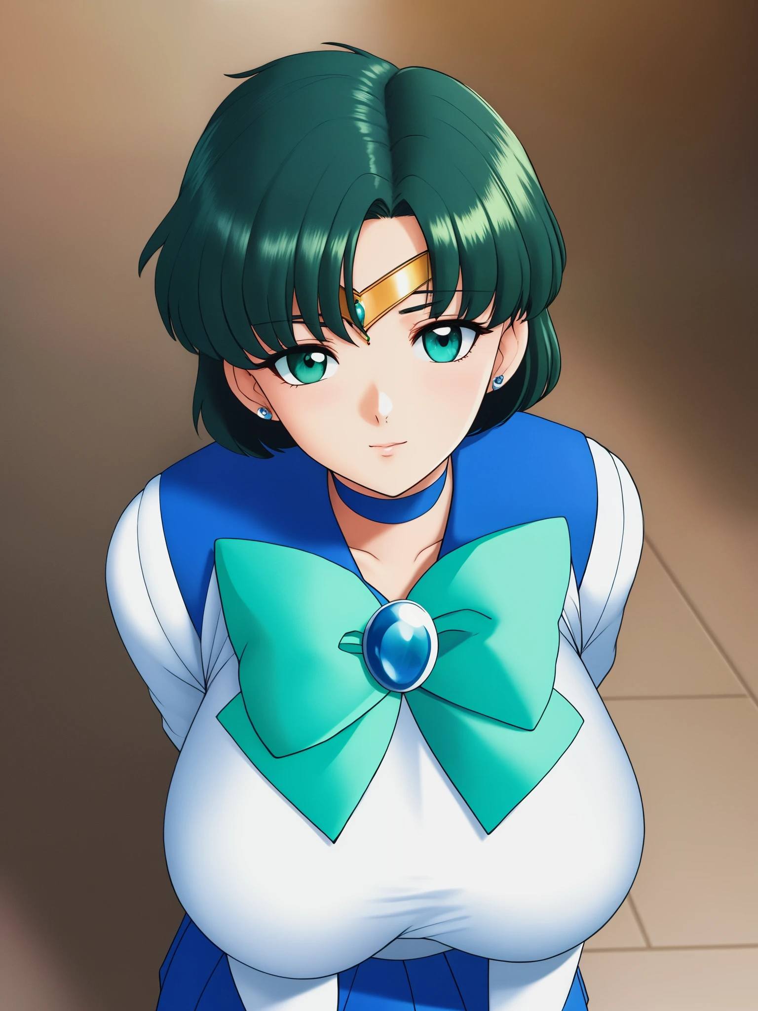 Mizuno_friend, Huge_chest, Are standing, alone, Classic SMRC_green_skirt_white_gloves_green_boots_green_choker_green_bowtie_green_return_bow_circlet_green_brooch, masterpiece, highest quality, detailed face, fine eyes, High resolution,