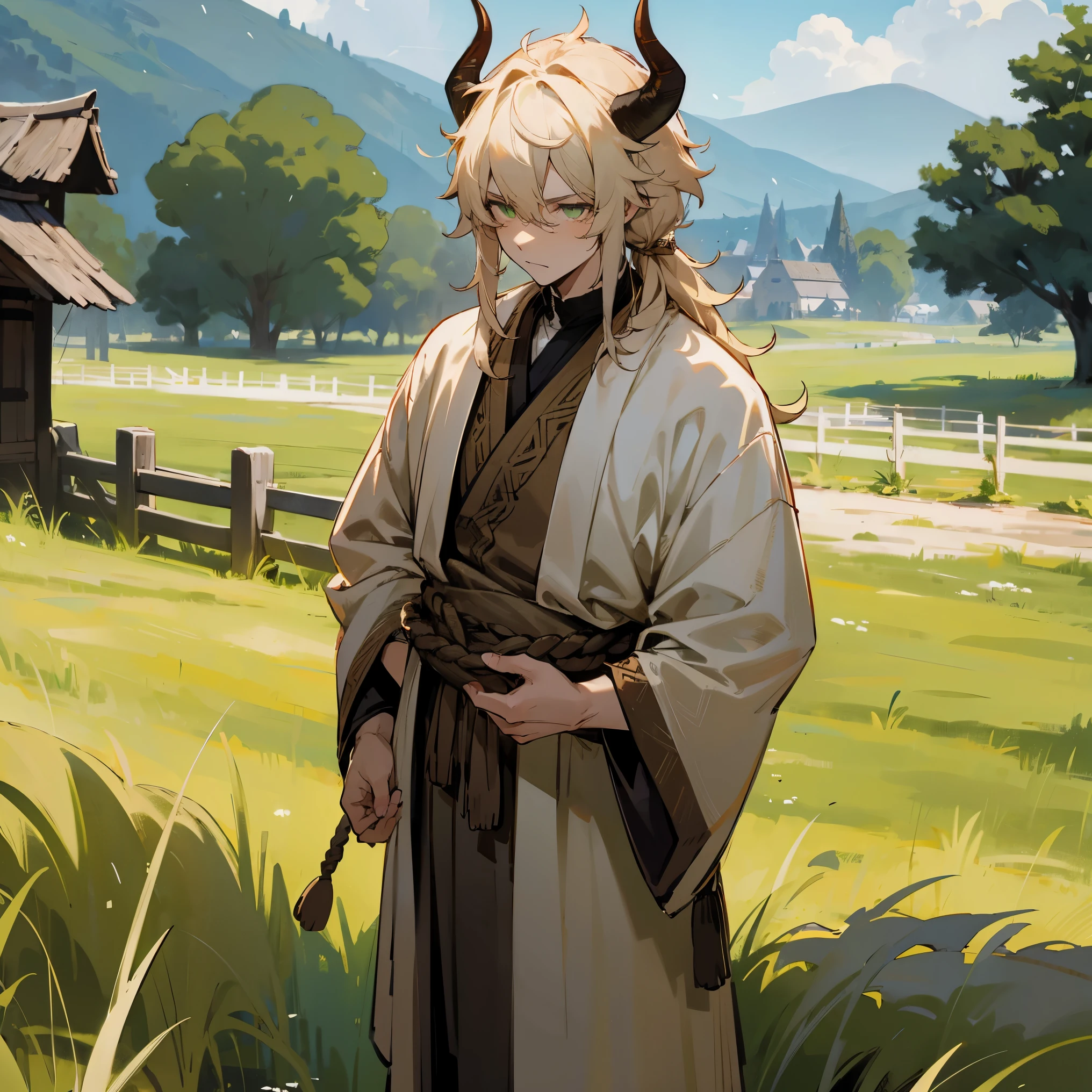 Bull Horns , Green Eyes , Pale Blonde Hair , Messy Hair , Peasant Clothing , Village Background , Medium Length Hair , Shaggy Backnot , Standing on path , 1male , Simple Clothing , Serious Expression 