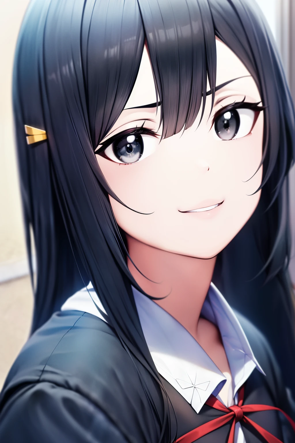 (masterpiece, best quality: 1.2), close-up photo, anime girl with long black hair and black eyes, wearing a black school uniform with white collar, wearing a red tie ribbon, sad, looking at me, at school, very detailed, best quality, perfect face, very high quality, very detailed, and a dark gray short skirt, yellow hair clip