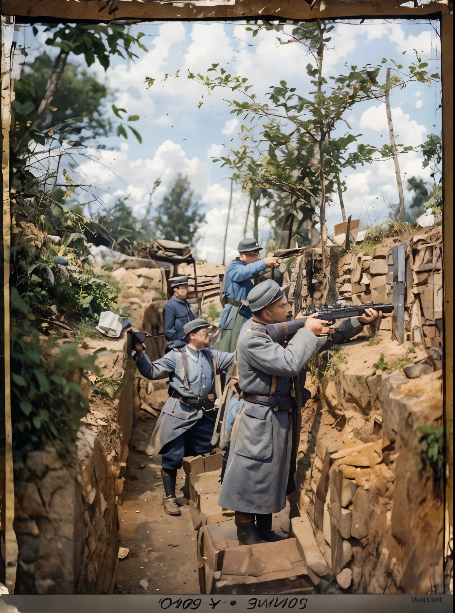 there are men in uniforms shooting at a man in a trench, ww1 trench, russian ww 1, in trenches, trench warfare, by Rudolf Freund, trenches, 1911, ww 1, ww1, colorized 1 9 0 4 photo, 1 9 1 4, 1914, ww1 film photo, colorized, 1915