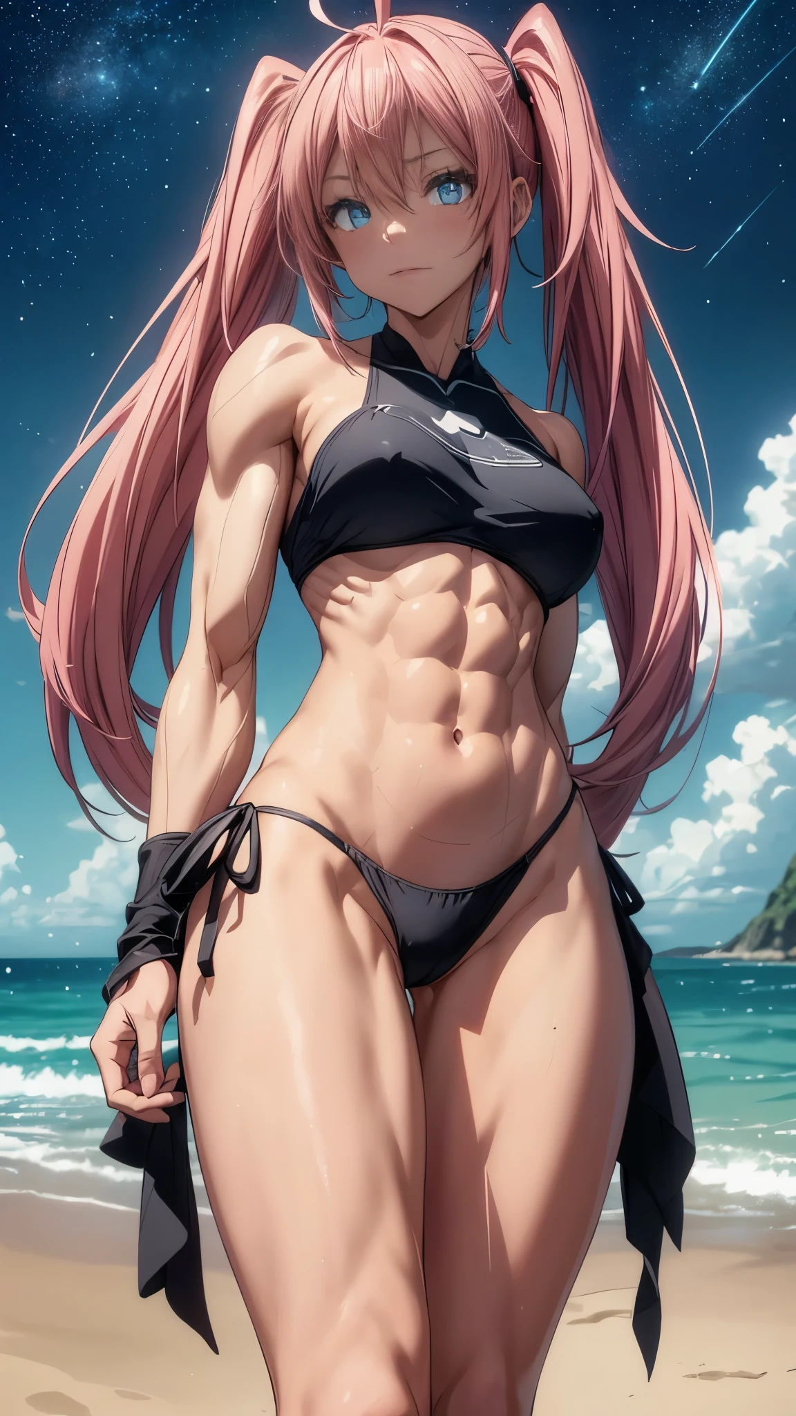 1 girl, (medium breasts))), (((wearing short bikini))), (long pink hair), (((blue eyes))), thin arms, (on the beach at night with starry sky and moon blood full), (slim waist), (((muscular legs))), muscular belly, barefoot, (((showing her big ass to me))), (full body photo), (twintails), long eyes, reflection ocular, bad mood, anime, anime style, ray tracing, glare, drop shadow, Panorama, Sony FE, 8k, UDisk, artwork, accurate, anatomically correct, super detail, best quality, Ultra high resolution, Hard Udisk, 16k