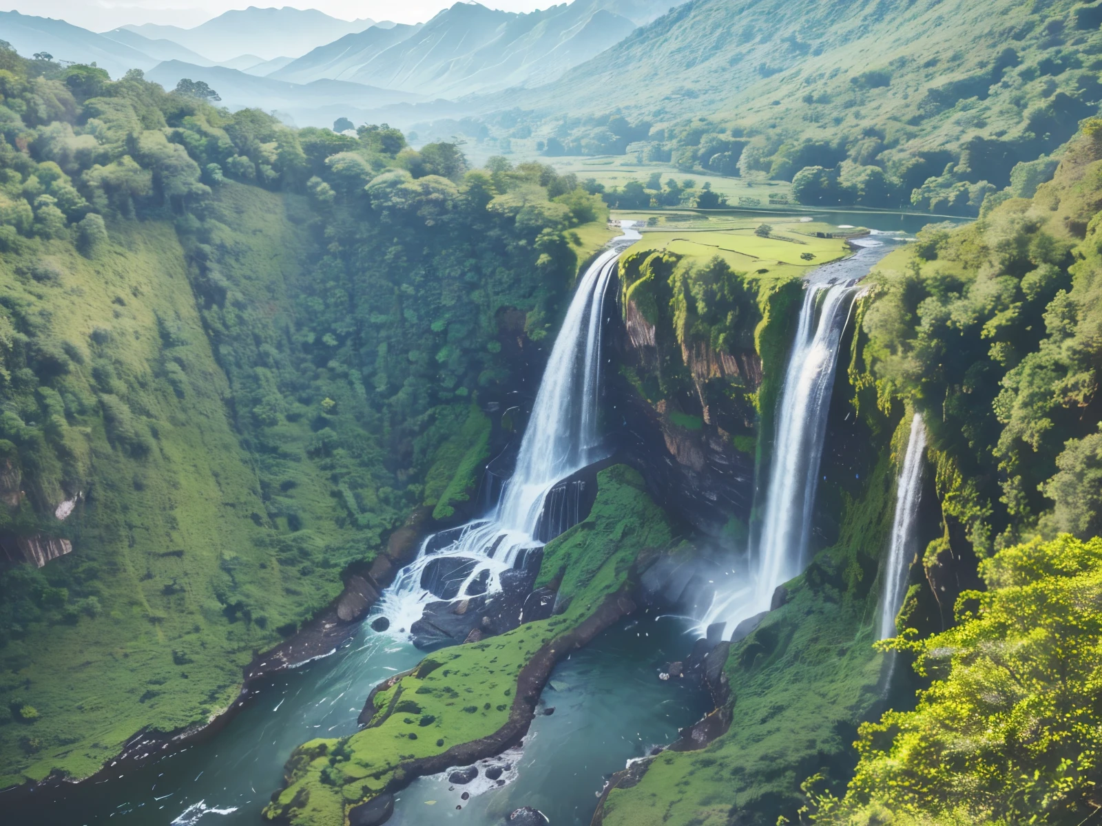a waterfall falling from steep green hilly mountain, high plateau area, alien jungle, ultrarealistic, 8K resolution, RAW photo, HDR, DSLR, High quality, Fujifilm XT3,