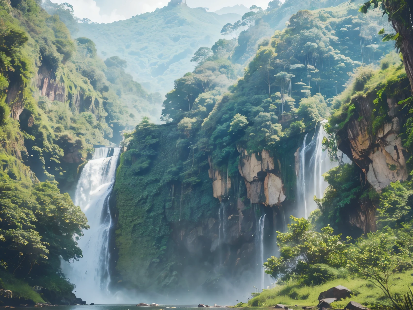 a waterfall falling from steep green hilly mountain, high plateau area, alien jungle, ultrarealistic, 8K resolution, RAW photo, HDR, DSLR, High quality, Fujifilm XT3, 
