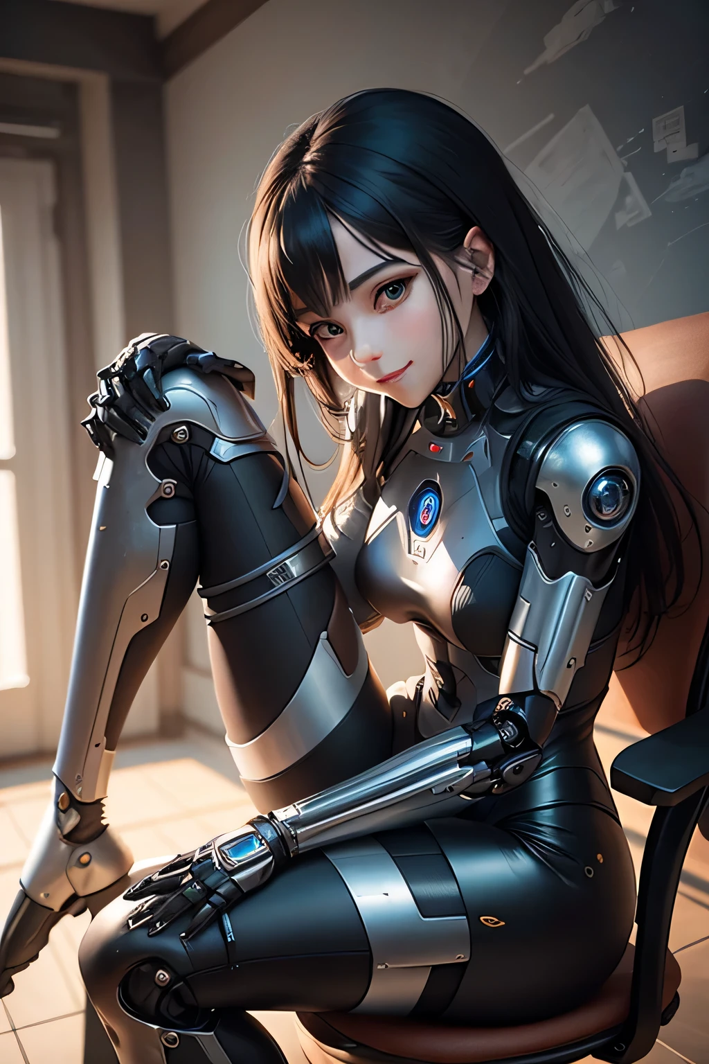 Female robot sitting cross-legged on a chair　Machine body　wearing black tights　both hands are placed on the knees　bewitching smile
