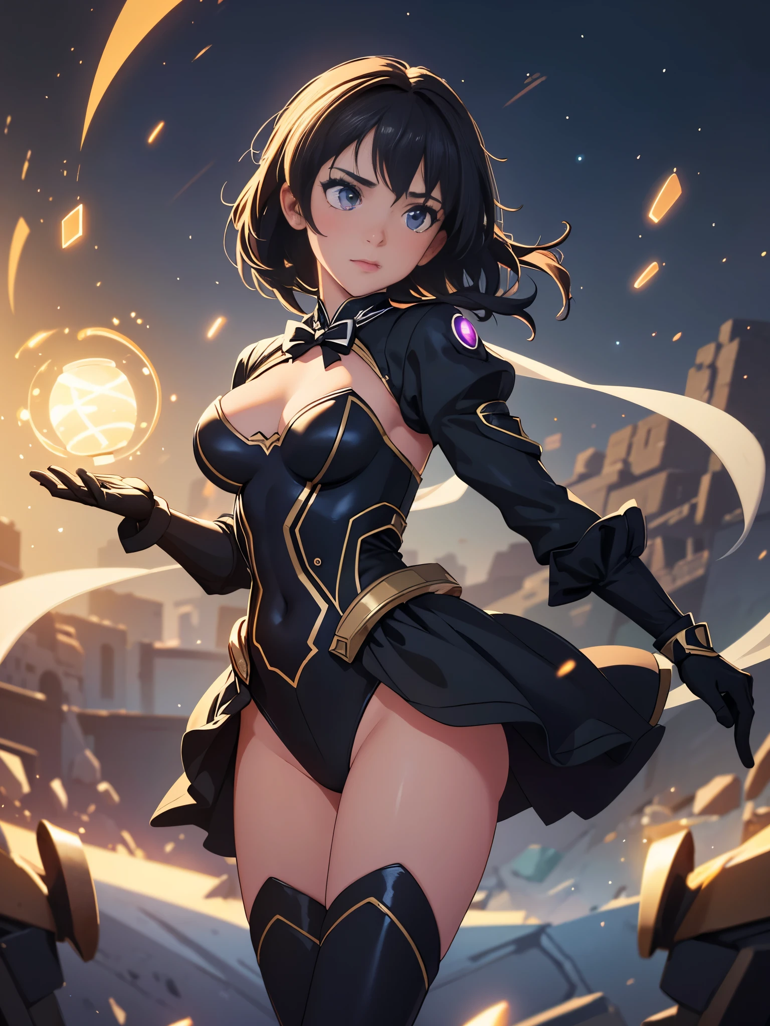 masterpiece), best quality, highly detailed, detailed background, cinematic lighting, outdoor, 1girl, medium hair, medium breasts, leotard, bare legs, gloves, light particles. glow, magician, tuxedo, sparkling