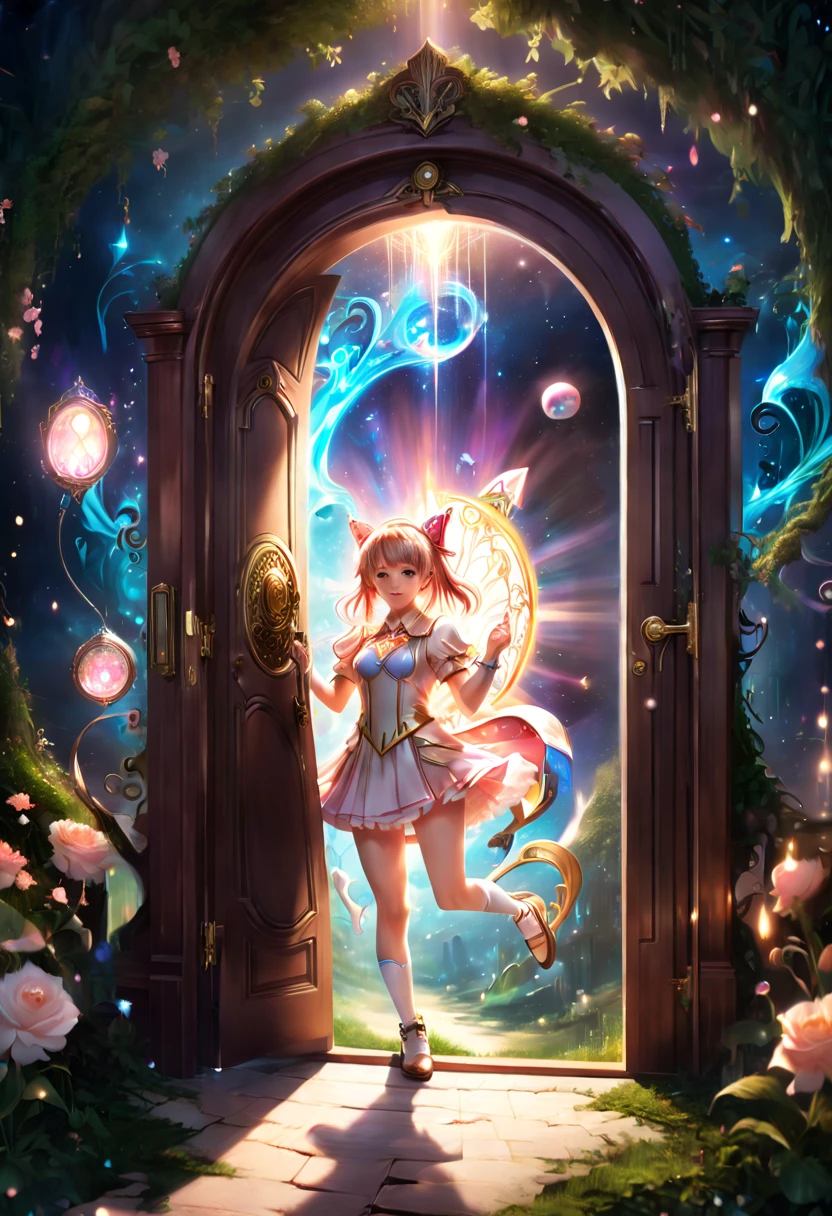 Magical Girl, opening Magical door to Magical world, (best quality, masterpiece, Representative work, official art, Professional, 8k)