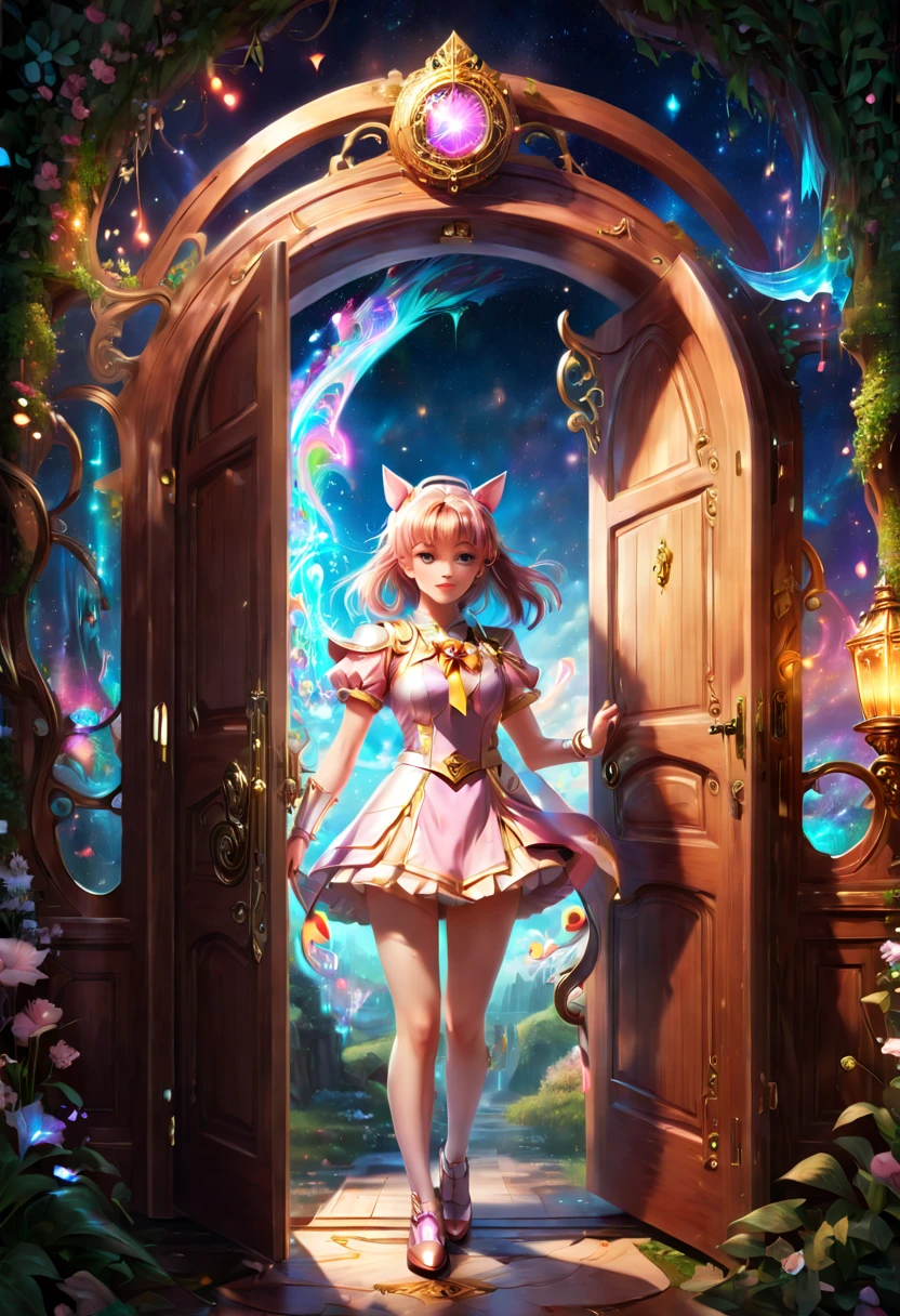 Magical Girl, opening Magical door to Magical world, (best quality, masterpiece, Representative work, official art, Professional, 8k)