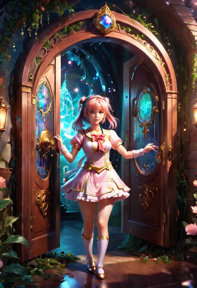 Magical Girl, opening Magical door to Magical world, (best quality, masterpiece, Representative work, official art, Professional, 8k)