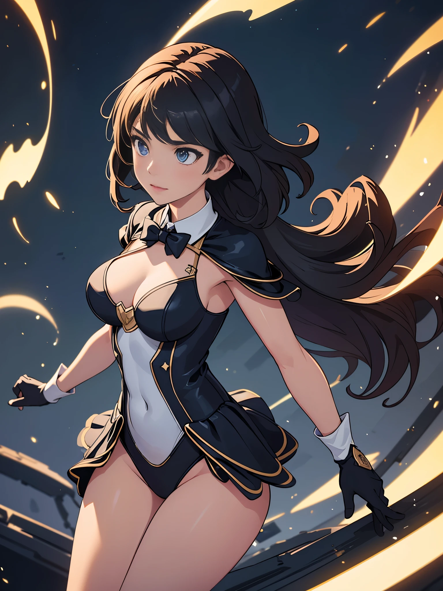masterpiece), best quality, highly detailed, detailed background, cinematic lighting, outdoor, 1girl, medium hair, medium breasts, leotard, bare legs, gloves, light particles. glow, magician, tuxedo, sparkling