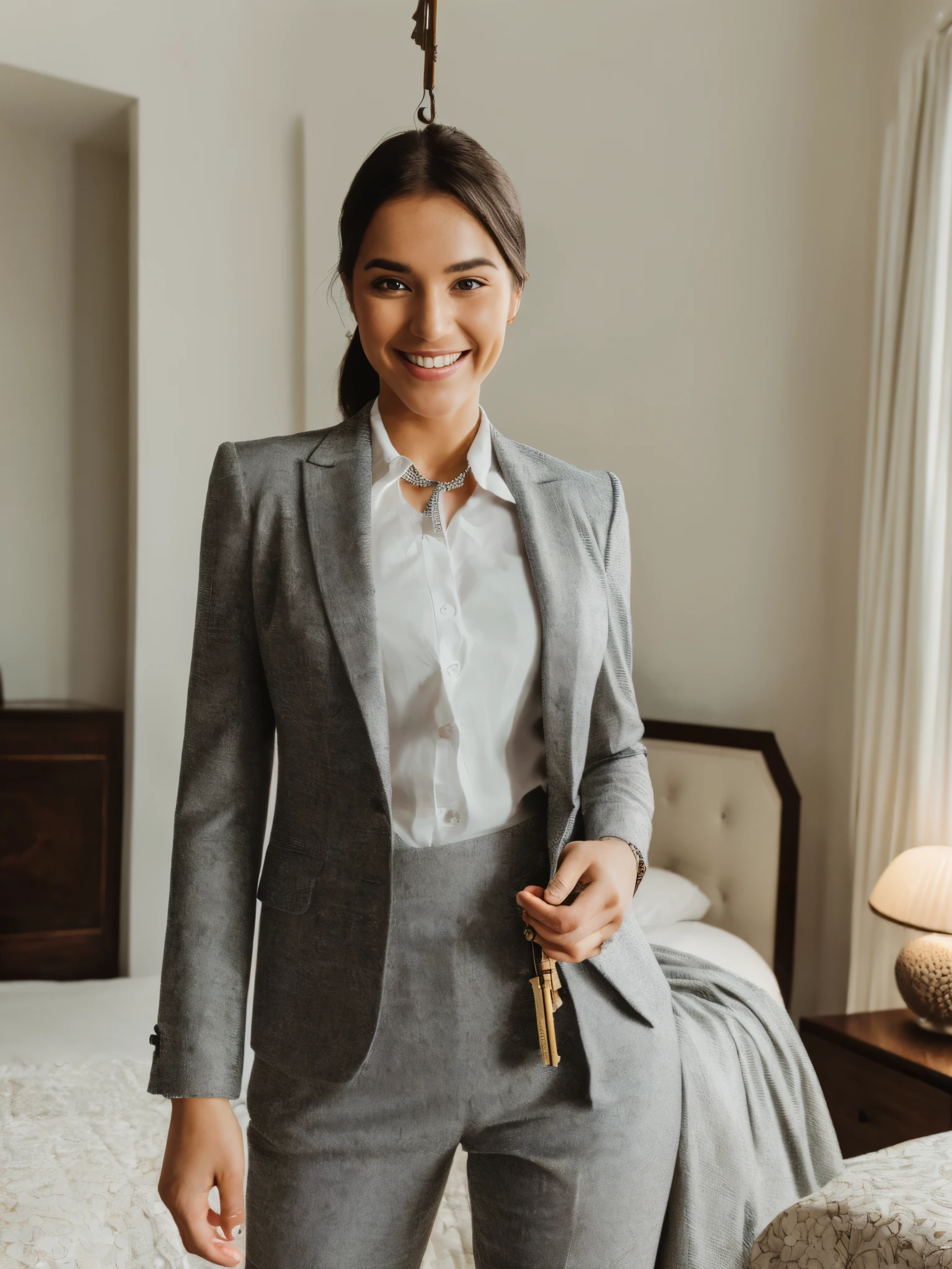 8k portrait, detailed intricate fabric texture, , (8K, RAW photo, best quality, masterpiece:1.2), (realistic, photo-realistic:1.4), ultra-detailed, 1women wearing a suit, ((holding keys)), smiling, bedroom in the background
