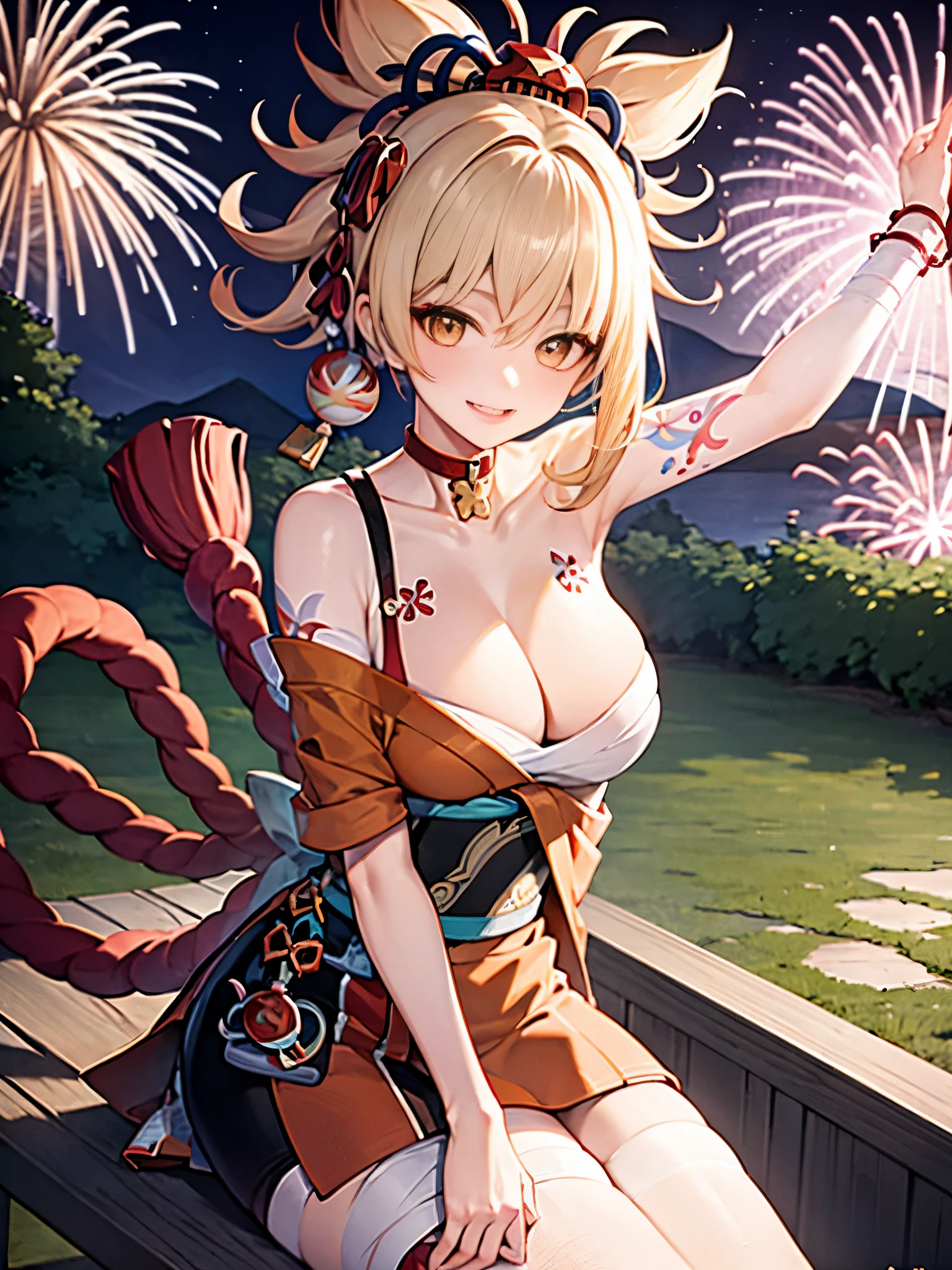 1 girl,cowboy shot,sitting,Chair,firework,evening,joy,Origen,big breasts，Perfect body，fat