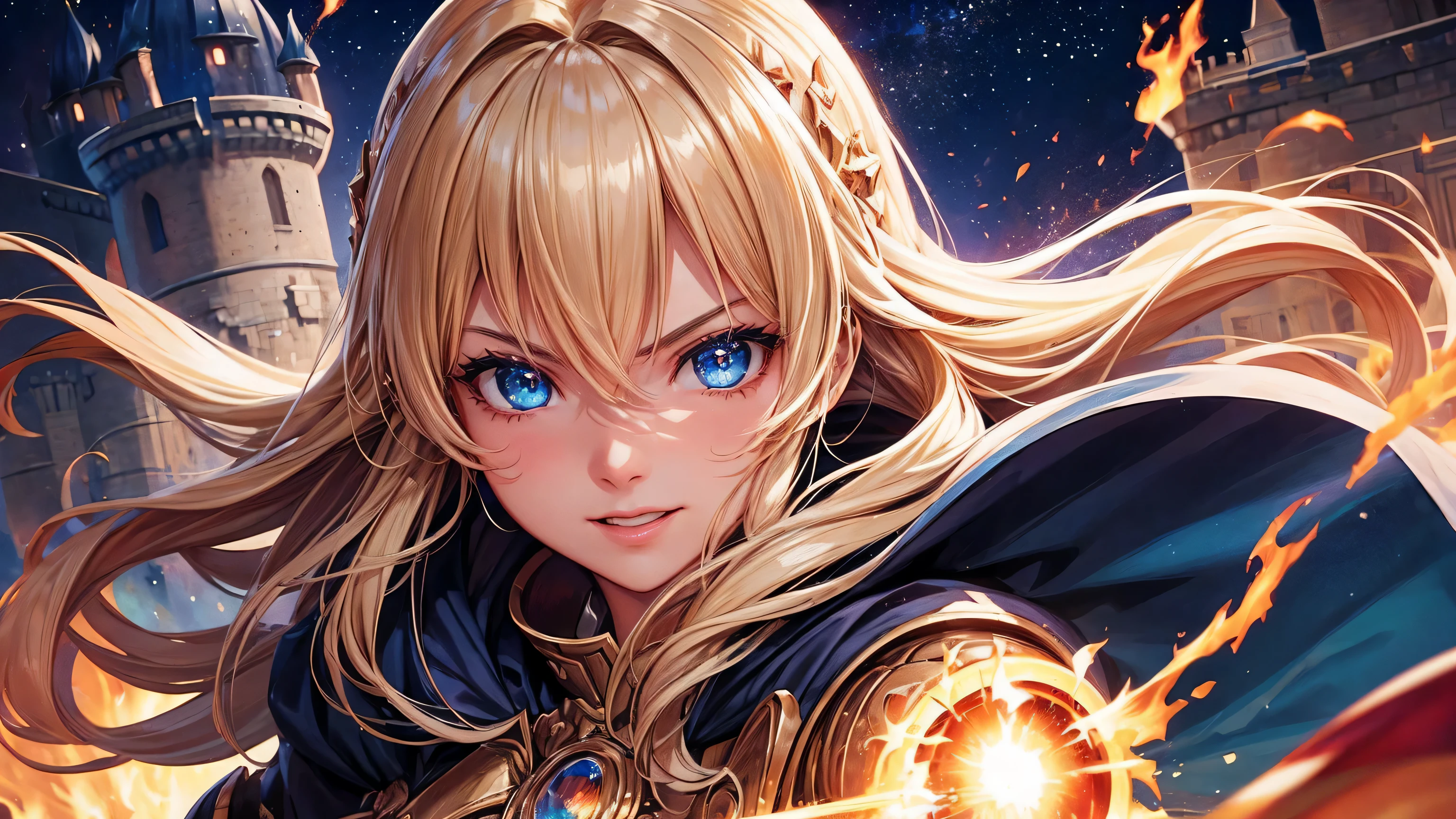 masterpiece,highest quality,Super detailed,(1 Female Knight),(Equip a glowing sword),(equip a cloak),(rage:0.6),(smile:0.9),(open your mouth:0.2),(((close up of face))),blonde hair,long hair,blue eyes,straight hair,(floating hair),(inflammation:1.4),(sunrise),(((city))),(sparkling night view),(cosmic vortex),(((powerful pose))),(explosion:1.2),(lip whole:1.1),(A sparkling spectacle)