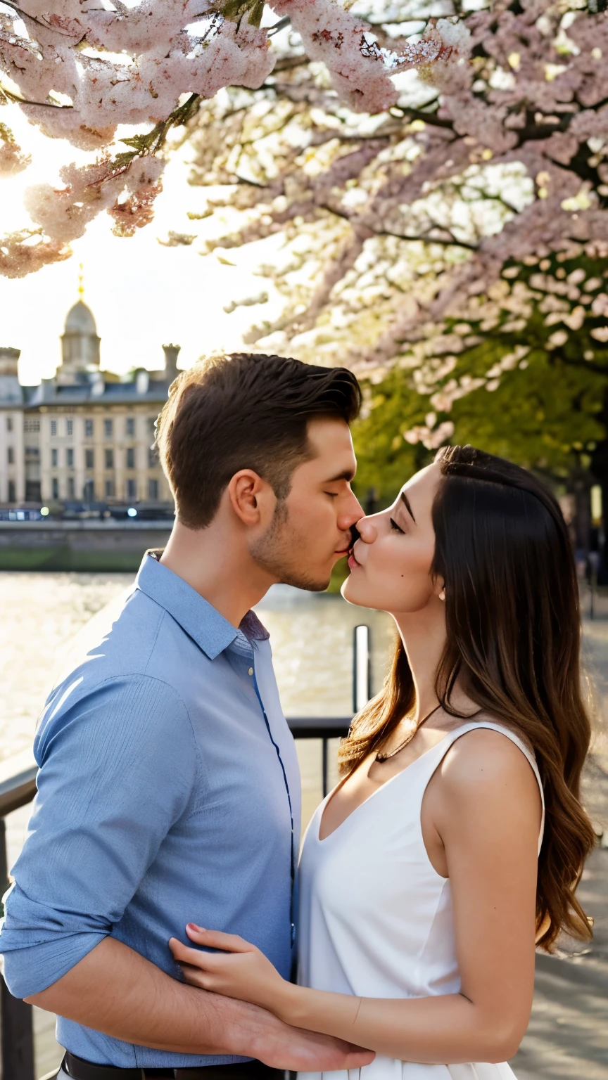 First kiss between a man and a woman on a date, Love, spring, the sun is shining, against the backdrop of the spring embankment, photorealism, Hyperrealism, ultra-detailed