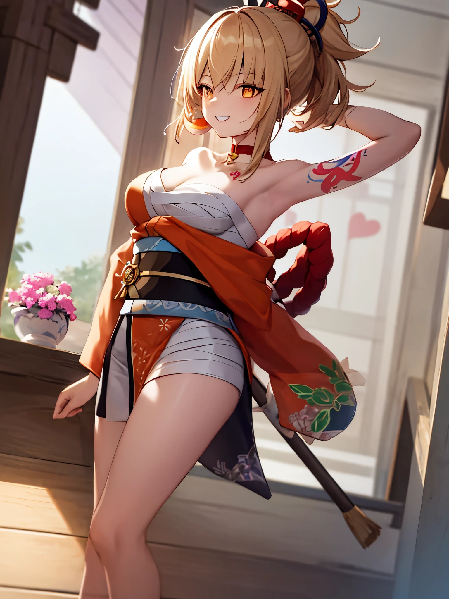 masterpiece, exquisite, High resolution, single woman, blonde, medium hair, asymmetrical hair, floating hair, blindfold, high ponytail, side lock, hair ornaments, fish hair ornaments, tassel, Hairpin, bangs, orange eyes, open your mouth, smile, teeth, upper teeth only, choker, red choker, pendant choker, butterfly choker, clavicle, tattoo, chest tattoo, flower tattoo, cleavage, middle chest, thigh, bandage, bandaged leg, sarashi, budget Sarashi, chest Sarashi, black sash, Hadanugi dosa, Broom handle, kimono, kimono, Drawstring, heart, heartage, heartjime, orange kimono, Drawstring, patterned kimono, rope, heart, shimenawa, short kimono, bare shoulders, Genshin, east asian architecture, cherry blossoms, whole body, arms behind head,