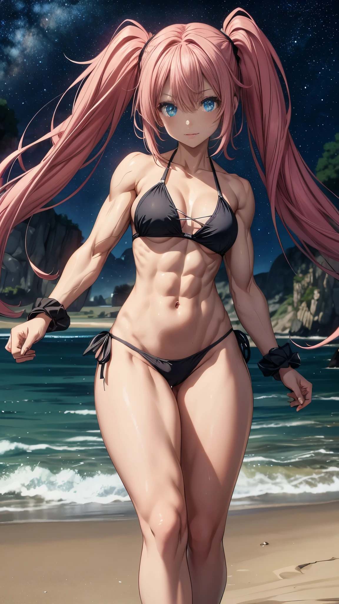 1 girl, (medium breasts))), (((wearing short bikini))), (long pink hair), (((blue eyes))), thin arms, (on the beach at night with starry sky and moon blood full), (thin waist), (((muscular legs))), muscular belly, barefoot, showing her big ass to me, (((full body photo))), (twintails), long eyes, eye reflex, bad mood, anime, anime style, ray tracing, glow, drop shadow, Panorama, Sony FE, 8k, UDisk, artwork, accurate, anatomically correct, super detail, best quality, Ultra high resolution, Hard Udisk, 16k