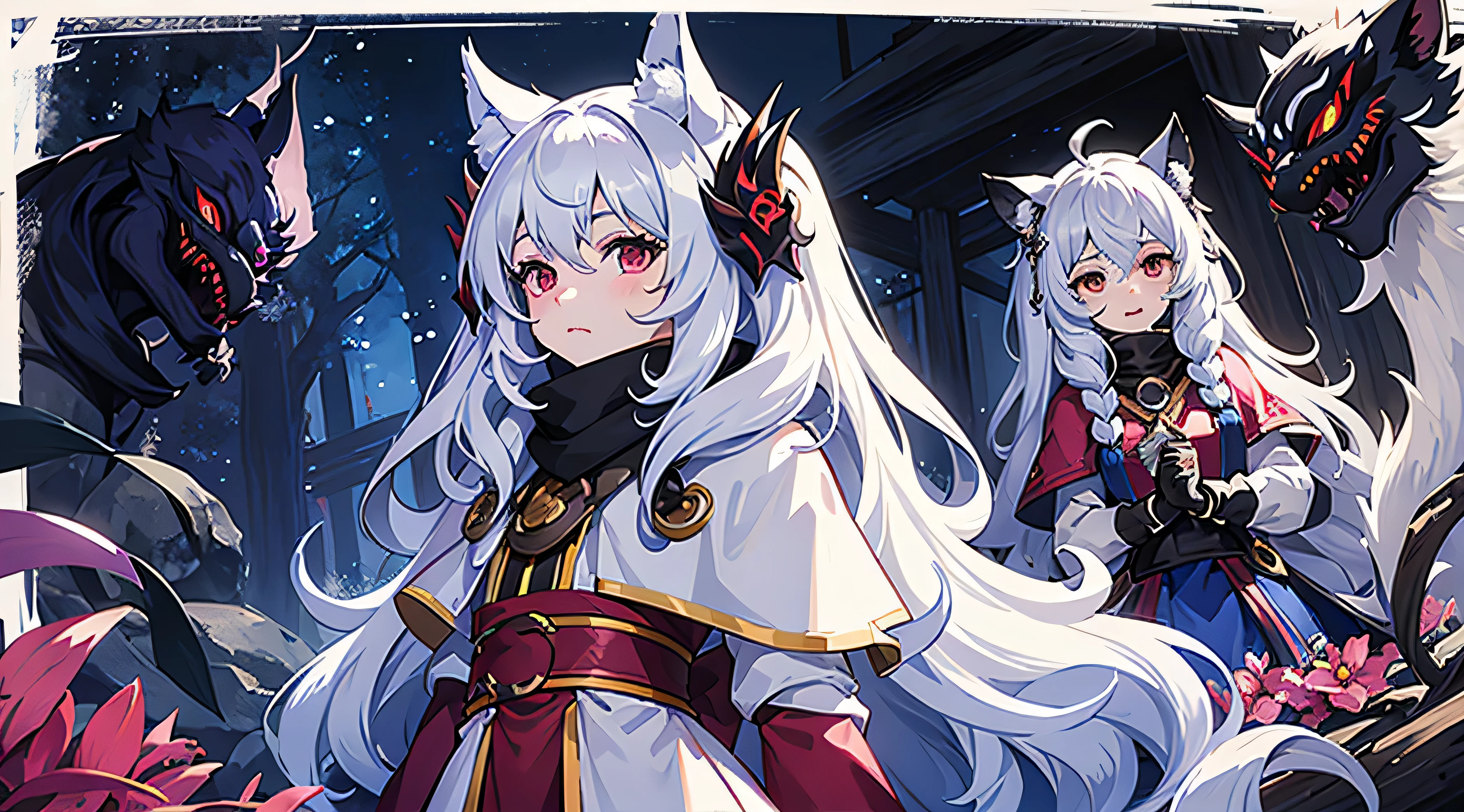 kindred,big bust,long hair,mischievous expression,fluffy hair,holding bow,cave background,nice body,Revealing clothing,with the wolf,wearing a mask,kindred,braid,Looking at the front,a woman