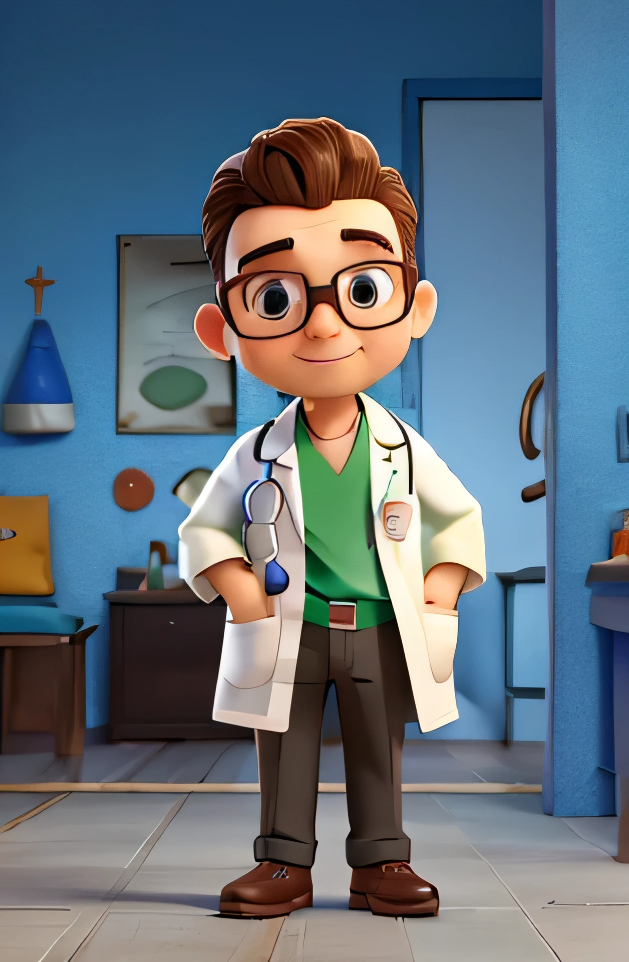 cute male doctor, 30 anos de idade, huge head, thick lips, nariz arrebitado, cabelos curtos, wearing thin-framed glasses of round gold, olhos altamente detalhados , vestindo um jaleco branco de manga comprida, camisa verde por baixo do jaleco, wearing a stethoscope across the shoulders, full body view, figuras de brinquedo