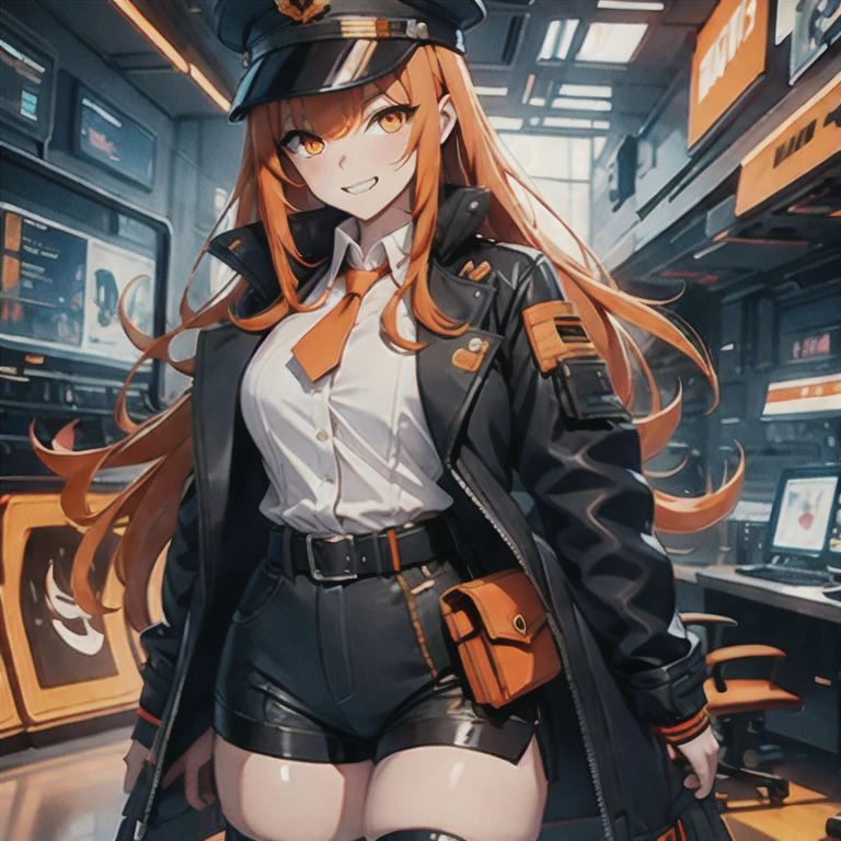 (masterpiece, best quality:1.2), 1girl, solo, grin,white collared shirt, black coat, peaked cap, patchwork clothes, orange hair, orange eyes, asymmetrical hair, bangs, blunt bangs, curtained hair, side swept bangs, sidelocks, smirk, open mouth, anatomically correct, multicolored jacket, orange trim, troll (white collared shirt:1), high waist shorts, medium breasts, long hair, thighhighs, cyberpunk, futuristic, spacecraft interior, chest belt, belt pouch,