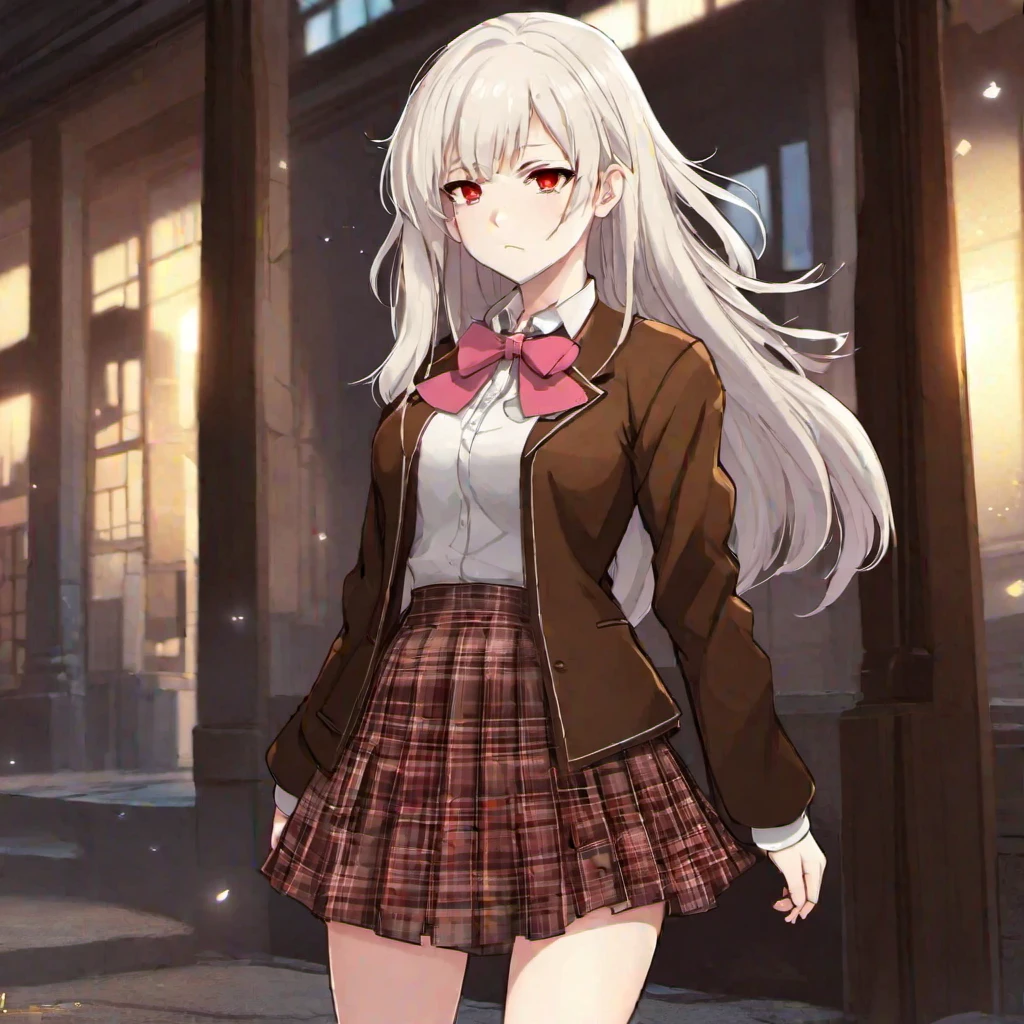  (masterpiece, best quality:1.2), 1girl, solo, Anime, (Anime art), (White long starlight hair), (Red eyes), (albino), (dark brown jacket), white collar, ((short grey plaid skirt)), pink bow ,dynamic pose, Gold buttons, pockets on the sides of the jacket, Long bare legs, grey stockings, brown shoes, (long starlight hair), (sad face), straight haircut, Utsuro Hinohara