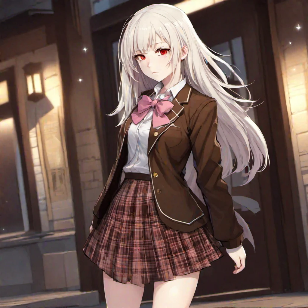  (masterpiece, best quality:1.2), 1girl, solo, Anime, (Anime art), (White long starlight hair), (Red eyes), (albino), (dark brown jacket), white collar, ((short grey plaid skirt)), pink bow ,dynamic pose, Gold buttons, pockets on the sides of the jacket, Long bare legs, grey stockings, brown shoes, (long starlight hair), (sad face), straight haircut, Utsuro Hinohara