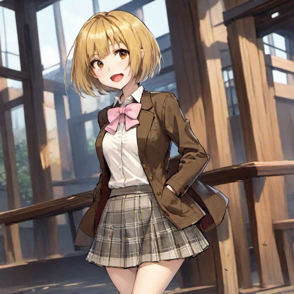 (masterpiece, best quality:1.2), 1girl, solo, Anime, Anime art, ((yellow short hair)+brown eyes, (dark brown jacket), white collar, ((short grey plaid skirt)), pink bow ,dynamic pose, Gold buttons, pockets on the sides of the jacket, (Open mouth: 0.4), Long bare legs, grey stockings, brown shoes, (bob haircut), (happy face: 0.5), straight haircut