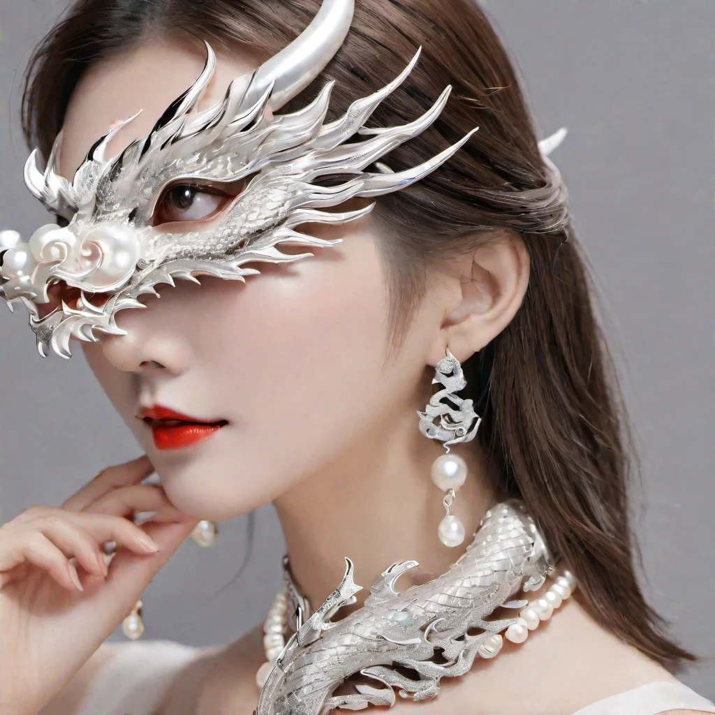 (masterpiece, best quality:1.2), 1girl, solo，pearl，Three-dimensional dragon，Material silver jewelry，Shiny，mask，Face decoration