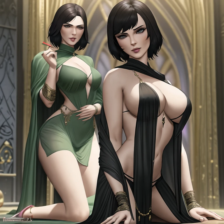 A woman, GTAV, Sarah Arnaude, a 35 year old woman, brunette, short black hair with bangs, green eyes, dark sorceress full body pose, stuning fantasy 3d render, wearing only a green cloak, sensual dance, lover, ecstasy, mystical sheperd, vampire woman
