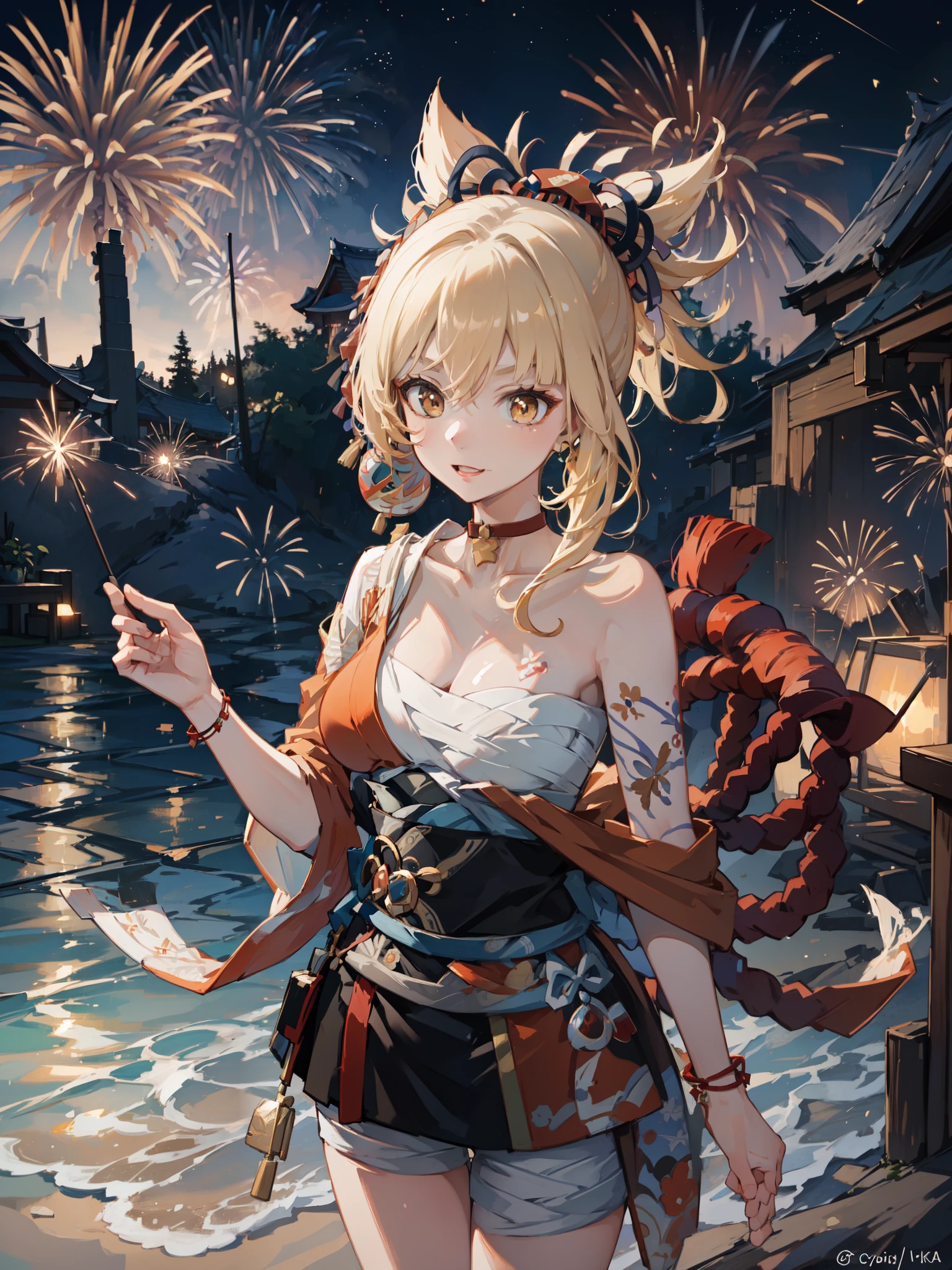 (Origen), Yoimiya playing with fireworks on the beach at night, Illuminated by the gentle moonlight. The sight of Yoimiya fireworks illuminating the night sky、Creates a fascinating and mysterious feeling, Cast a mesmerizing glow on the beach. The artwork is、Capturing the beauty and joy of the moment, Yoimiya's playful and lively personality、Presented with stunning and magical depictions, figure, digital art, (masterpiece), (perfect face), (perfect hands), (Symmetrical facial proportions), (highest quality), - 4K - UHD - Hyper Detail