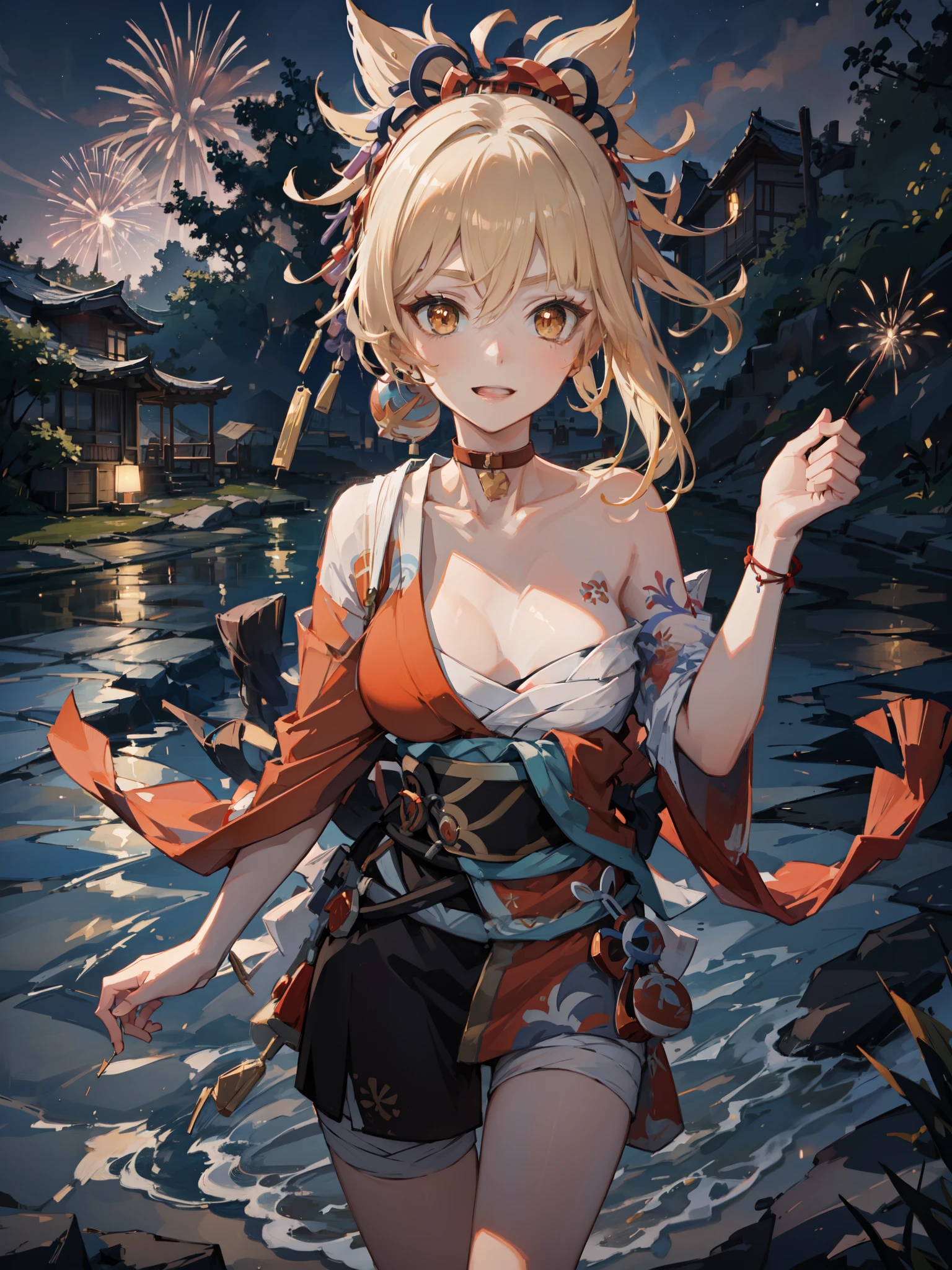 (Origen), Yoimiya playing with fireworks on the beach at night, Illuminated by the gentle moonlight. The sight of Yoimiya fireworks illuminating the night sky、Creates a fascinating and mysterious feeling, Cast a mesmerizing glow on the beach. The artwork is、Capturing the beauty and joy of the moment, Yoimiya's playful and lively personality、Presented with stunning and magical depictions, figure, digital art, (masterpiece), (perfect face), (perfect hands), (Symmetrical facial proportions), (highest quality), - 4K - UHD - Hyper Detail