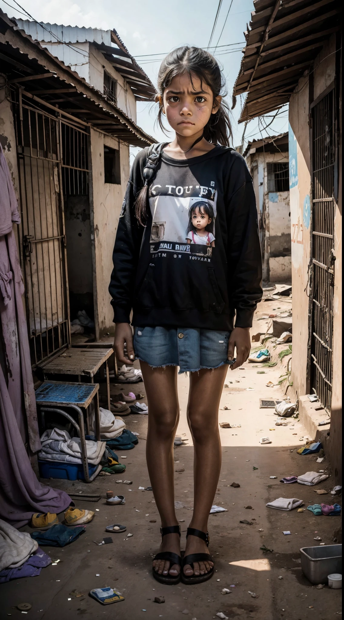 girl, sad face, always repeating the same face, always repeating the same proportions, always repeating the same appearance, always repeating the same clothes, alone, full body, in a very dirty and deserted favela, one of the arms amputated
