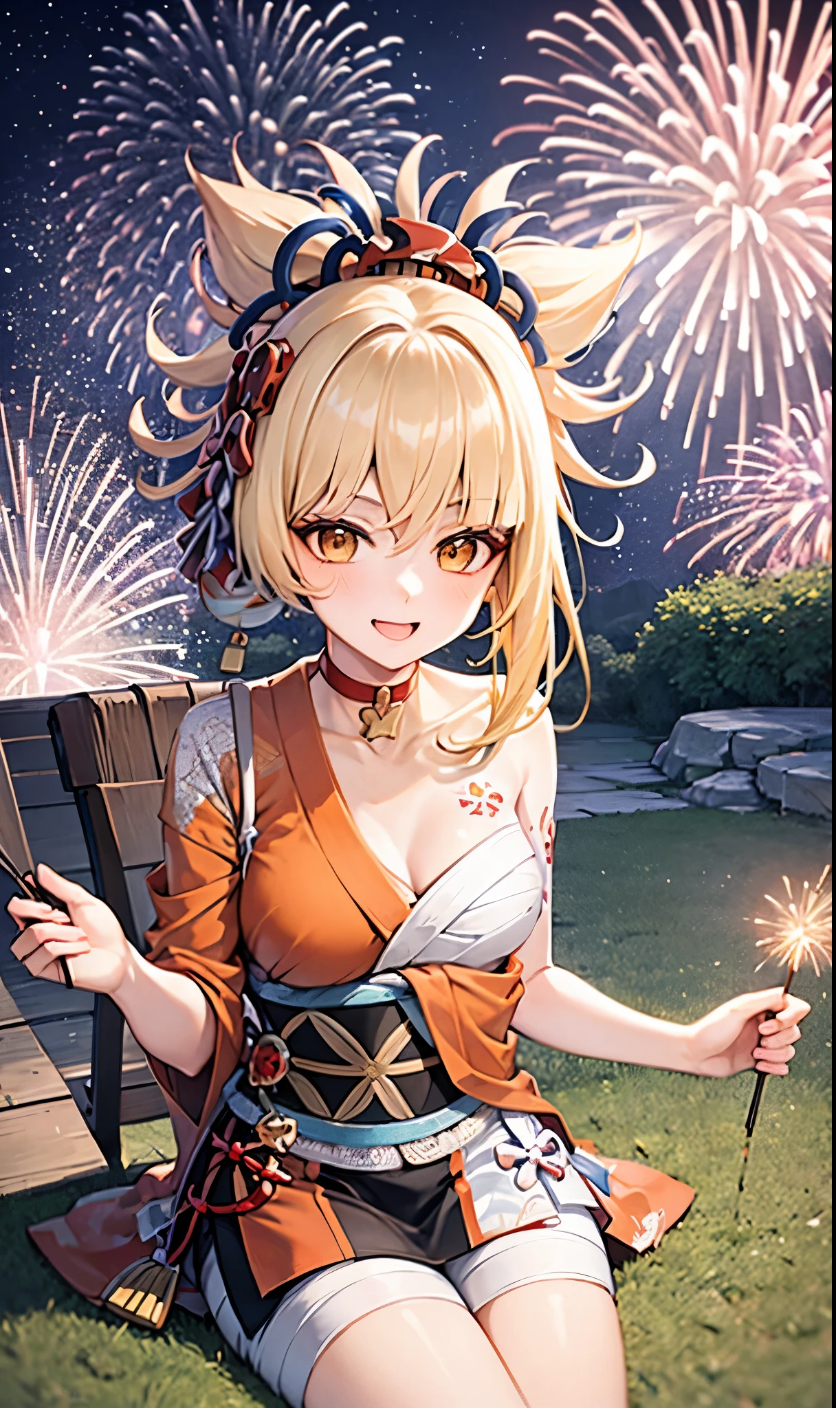 1 girl,cowboy shot,sitting,Chair, firework,evening,joy,Origen,