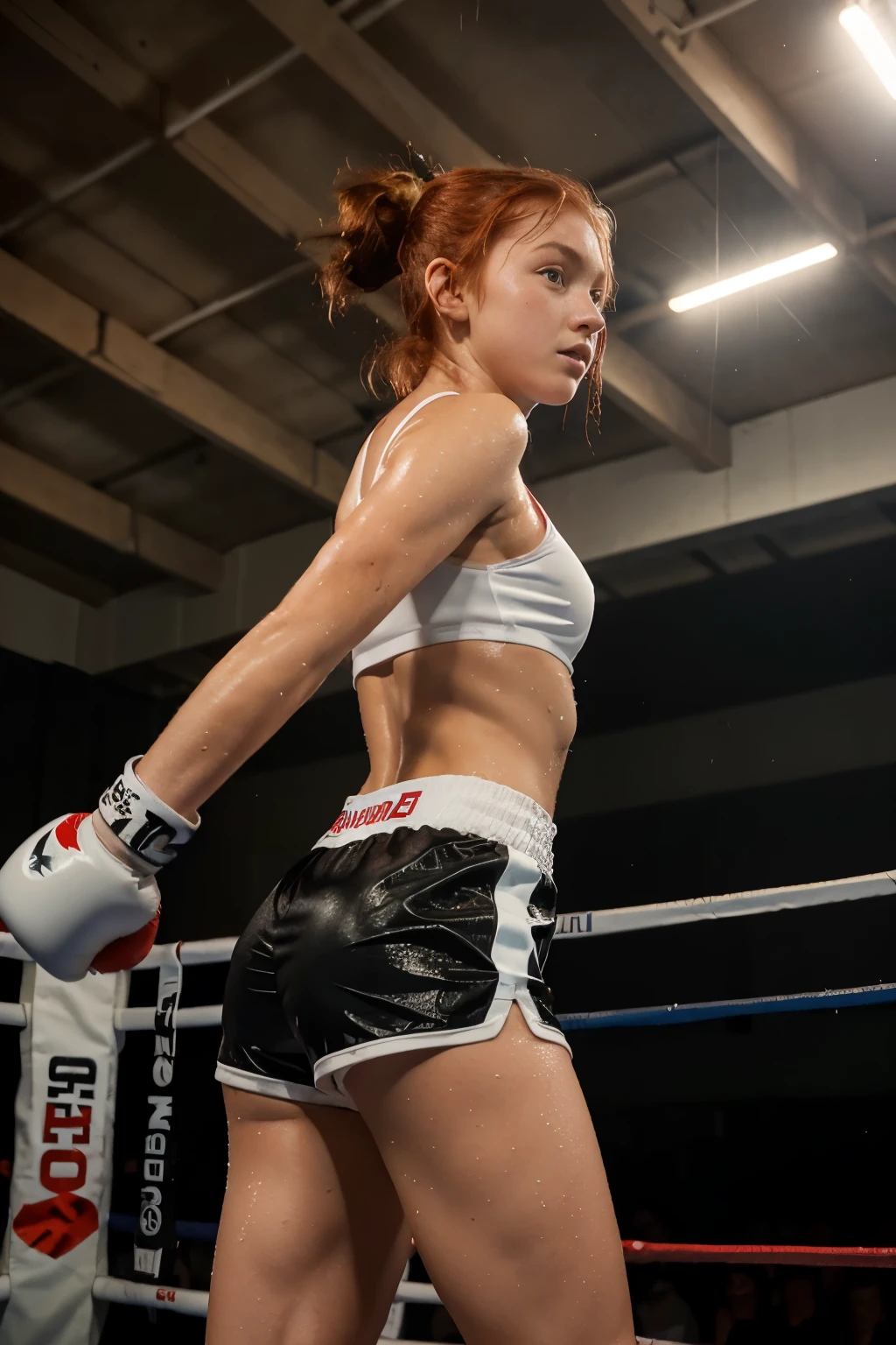 Masterpiece, girl, red hair, freckles, white sports bra, black booty shorts, in a boxing ring, red boxing gloves, tall white socks, wet skin, side view, punching at the head of a taller opponent, realistic