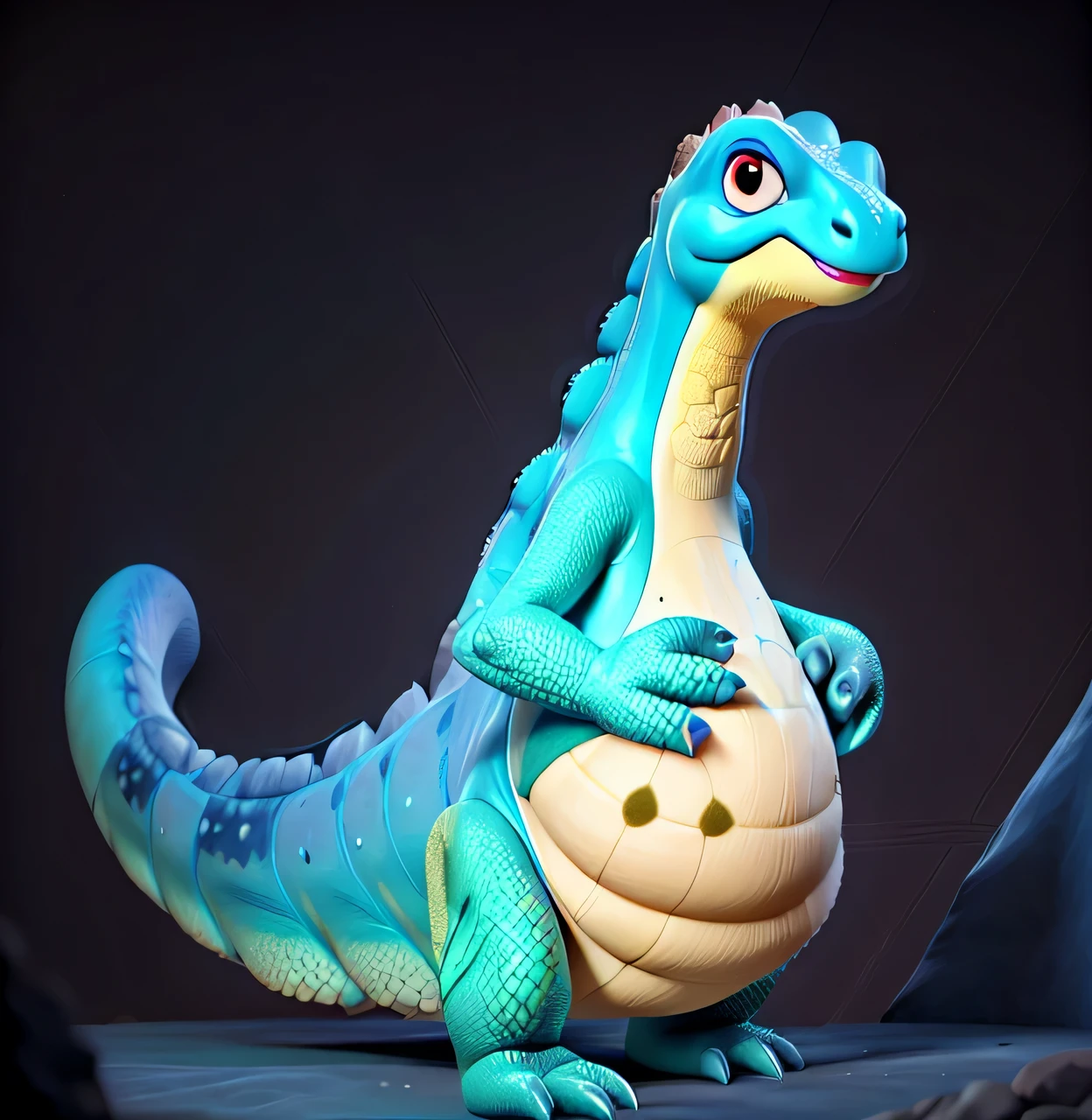 relaxed dinassaur. relaxaurus, small black eye, white belly, lizard skin, dark blue spots on his back. Reptil, fat dinassaur 