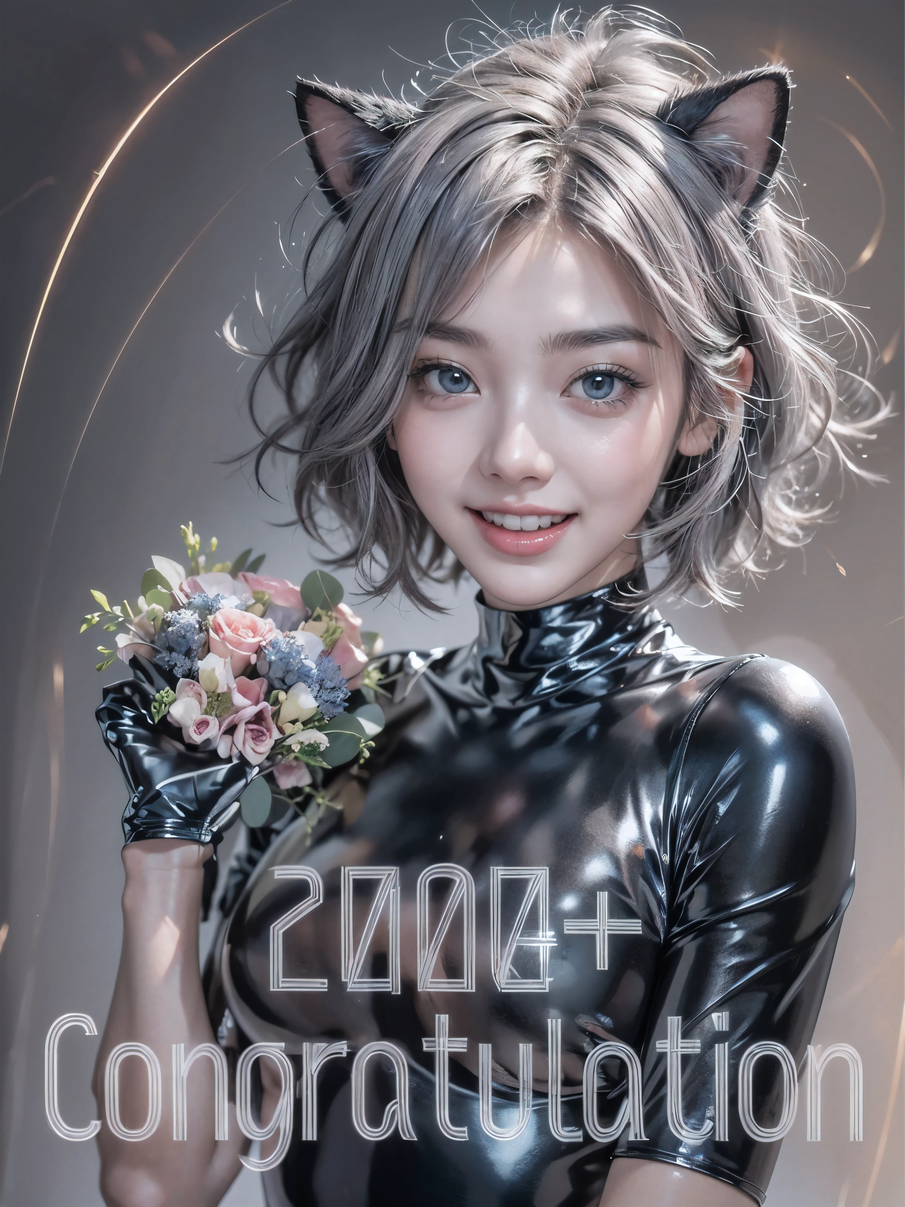 (anime:1.3), (all body, fashion portrait:1.6), ultra detailed, beautiful, masterpiece, best quality, _ BREAK (1girl:1.2), 22 years old, 160 cm, Japanese cute model, Tightened all body, large Breasts, small head, small face, diamond Face, small nose, Sharp Faceline, young hands and fingers, beautiful hands and fingers, five fingers, _ BREAK (Happy, smile, Glossy Lips:1.3), (Light color lips, Half open mouth, beautiful Teeth:1.2), (dropy eyes, Double eyelid, Blue eyes:1.), _ BREAK (short hair, bob hair:1.3), (gray hair:1.3), _ BREAK (gray background:1.4), blurry background, Fog, mist, front White lightning, _ BREAK (random angle:1.7), (standing:1.6), (Look at the viewers with an upward gaze,Hold a lot of bouquets with both hands:1.6), (black latex skinny bodysuit:1.5), (black Metallic Reflecting globe:1.4), (wear a fake cat Ears:1.4), Gloss, Reflecting,