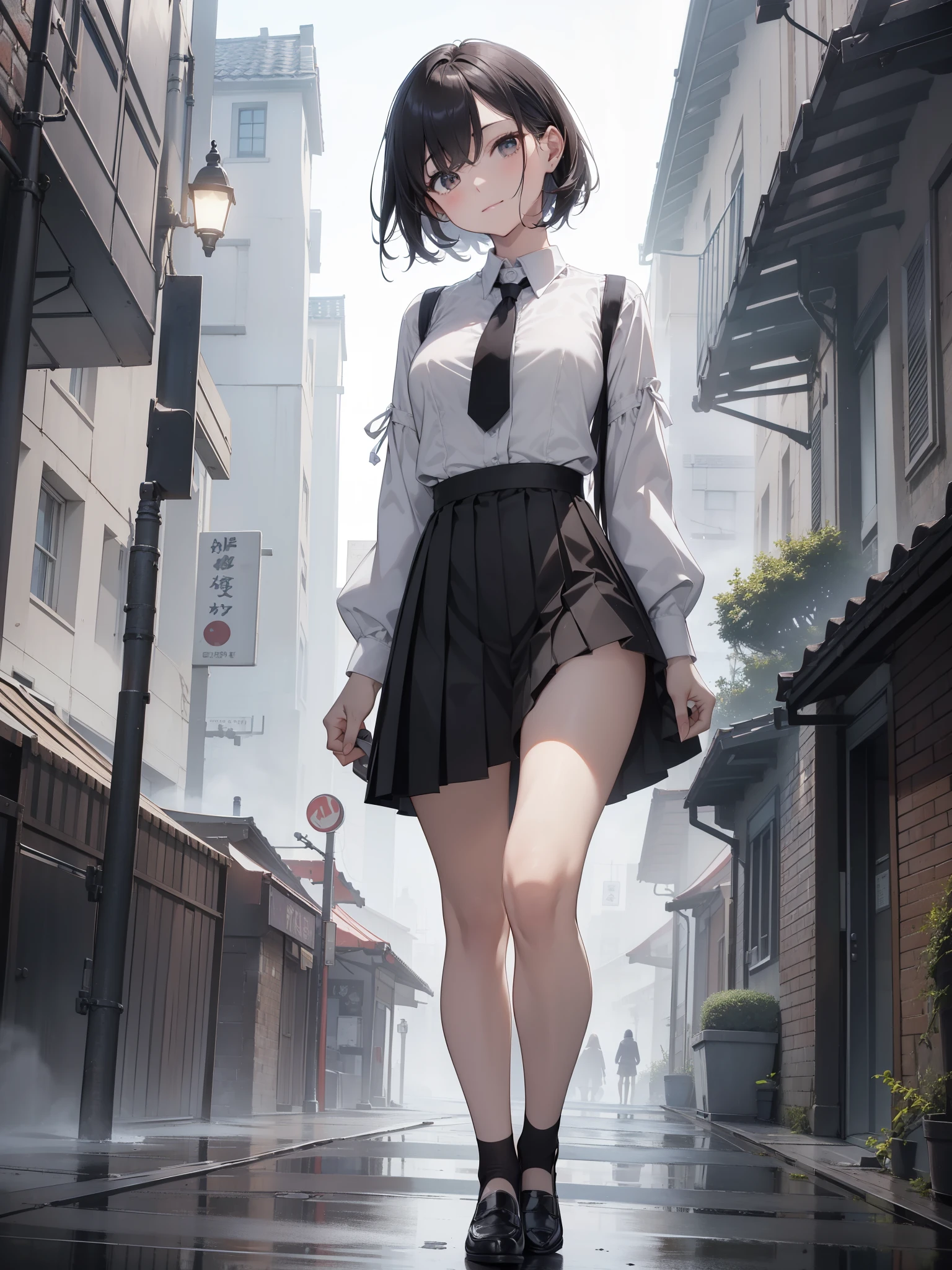 masterpiece, highest quality, Ultra - High resolution, highest resolution, very detailed, professional lighting, Gray Light Lighting、Low angle from below、Modern old townscape、Blowing steam into the landscape、Fog in the landscape、foggy、Beautiful woman, small face、white skin、very cute、17 years old、bright smile、(black hair、Mashed short)、(White short-sleeved cutter shirt with open chest)、thin and long legs、beautiful hip line、Beautiful spine、constricted back、tight waist、black underwear、JK Black Skirt 、Tight pleated skirt、Hip line emphasis、black socks、brown eyes,face is a little red, beautiful breasts、Breasts are A cup、perfect hands、shoes are loafers
