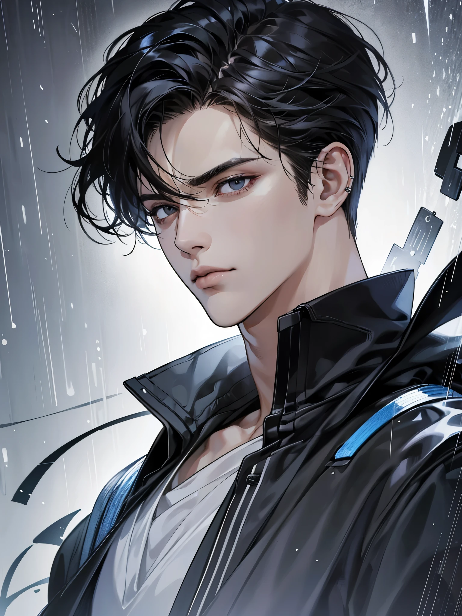 (best quality Detailed images, beautiful 8K images, incredible light, lifelike 1:1) (Digital illustration of digital art) (The camera focuses on the face.) (cool colors, dim light) Art Manhwa, a 29 year old man, very handsome, black hair, black clothes, black eyes. (A piercing gaze, a cold expression, a perfect face. perfect lines) Walking in the rainy atmosphere on the road, surrounded by rain.