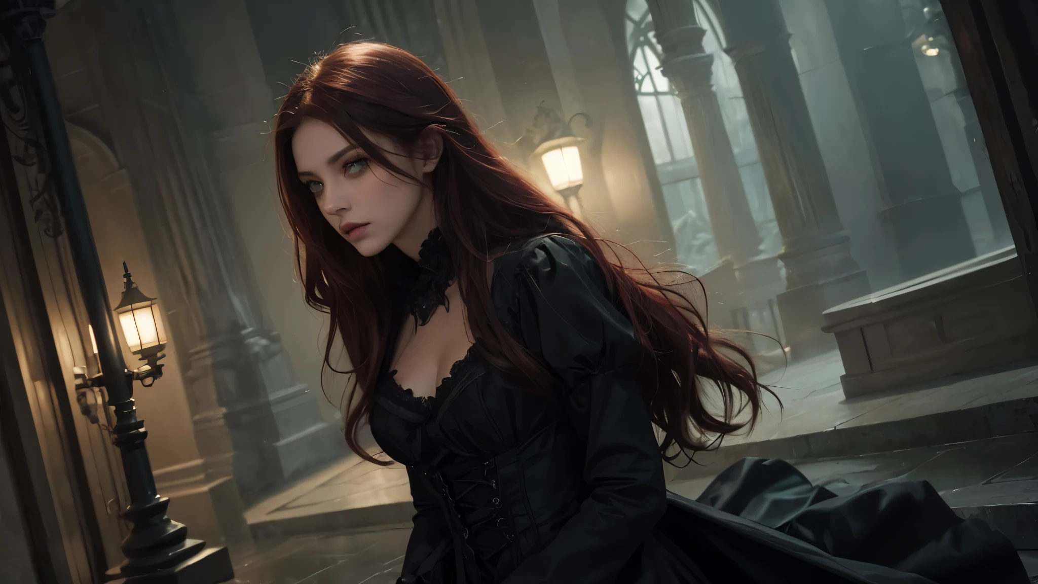 1 girl, gothic theme, night, obra de arte, very lighting, realistic texture, serious look, green eyes, sexy, long red hair, black dress, black clothes, very realistic, high details, high quality, high resolution, 8k, best quality, arte oficial, detalhado
