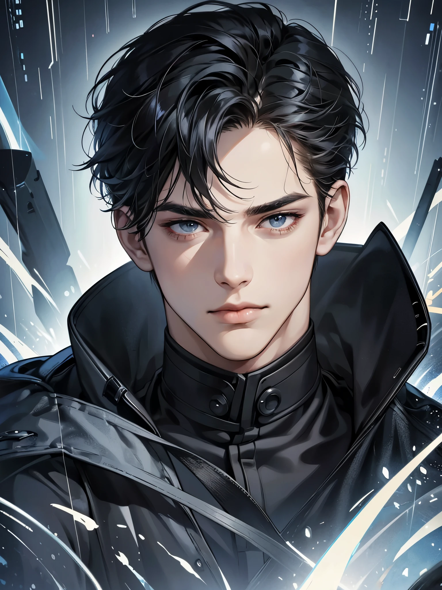 (best quality Detailed images, beautiful 8K images, incredible light, lifelike 1:1) (Digital illustration of digital art) (The camera focuses on the face.) (cool colors, dim light) Art Manhwa, a 29 year old man, very handsome, black hair, black clothes, black eyes. (A piercing gaze, a cold expression, a perfect face. perfect lines) Walking in the rainy atmosphere on the road, surrounded by rain.