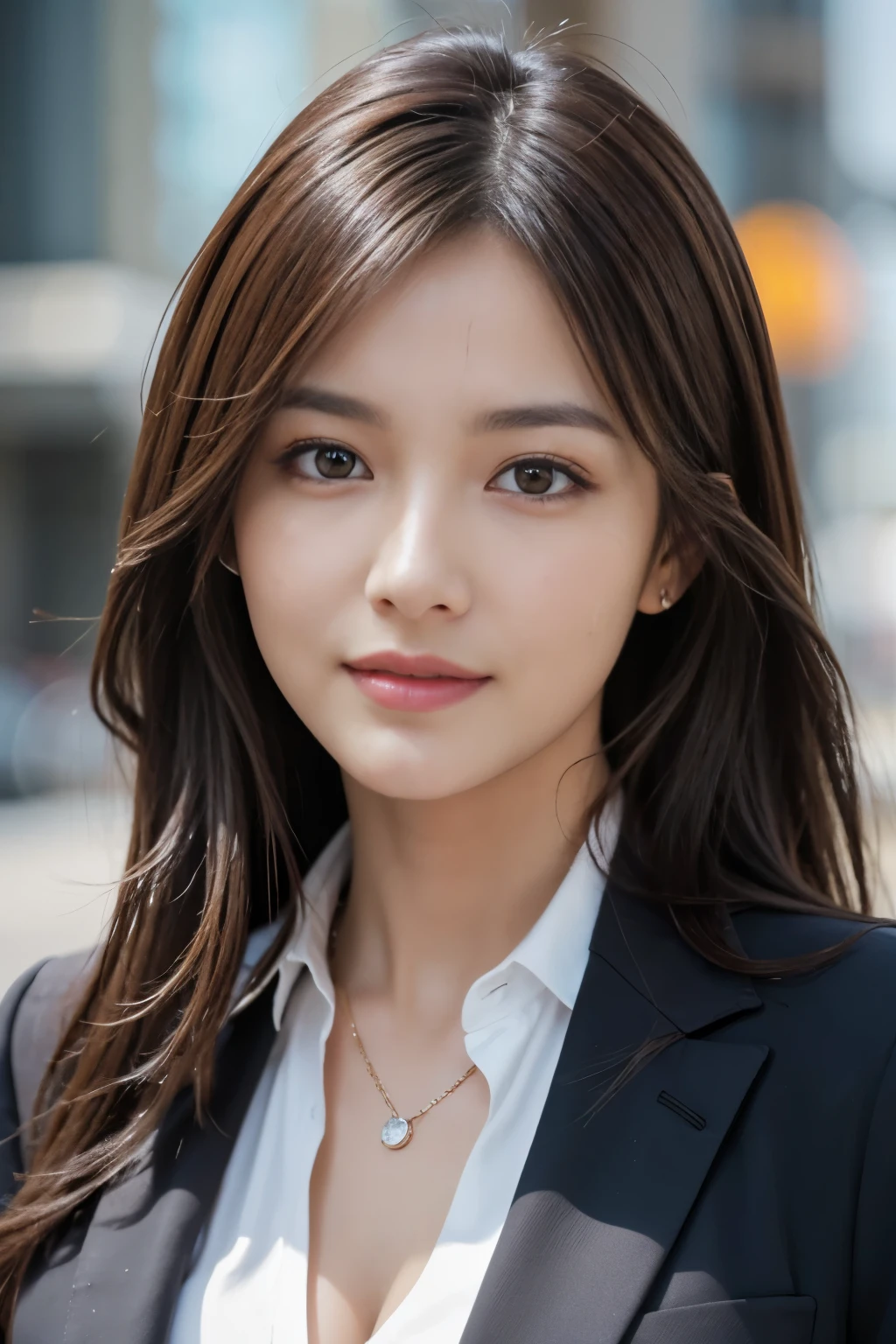 master piece, highest quality, photorealistic, Super detailed, Attention to detail, High resolution, 8k wallpaper, one beautiful woman,, light brown messy hair, wearing a business suit, sharp focus, perfect dynamic composition, beautiful detailed eyes, detailed hair, Detailed realistic skin texture, smile, close up portrait, model body shape