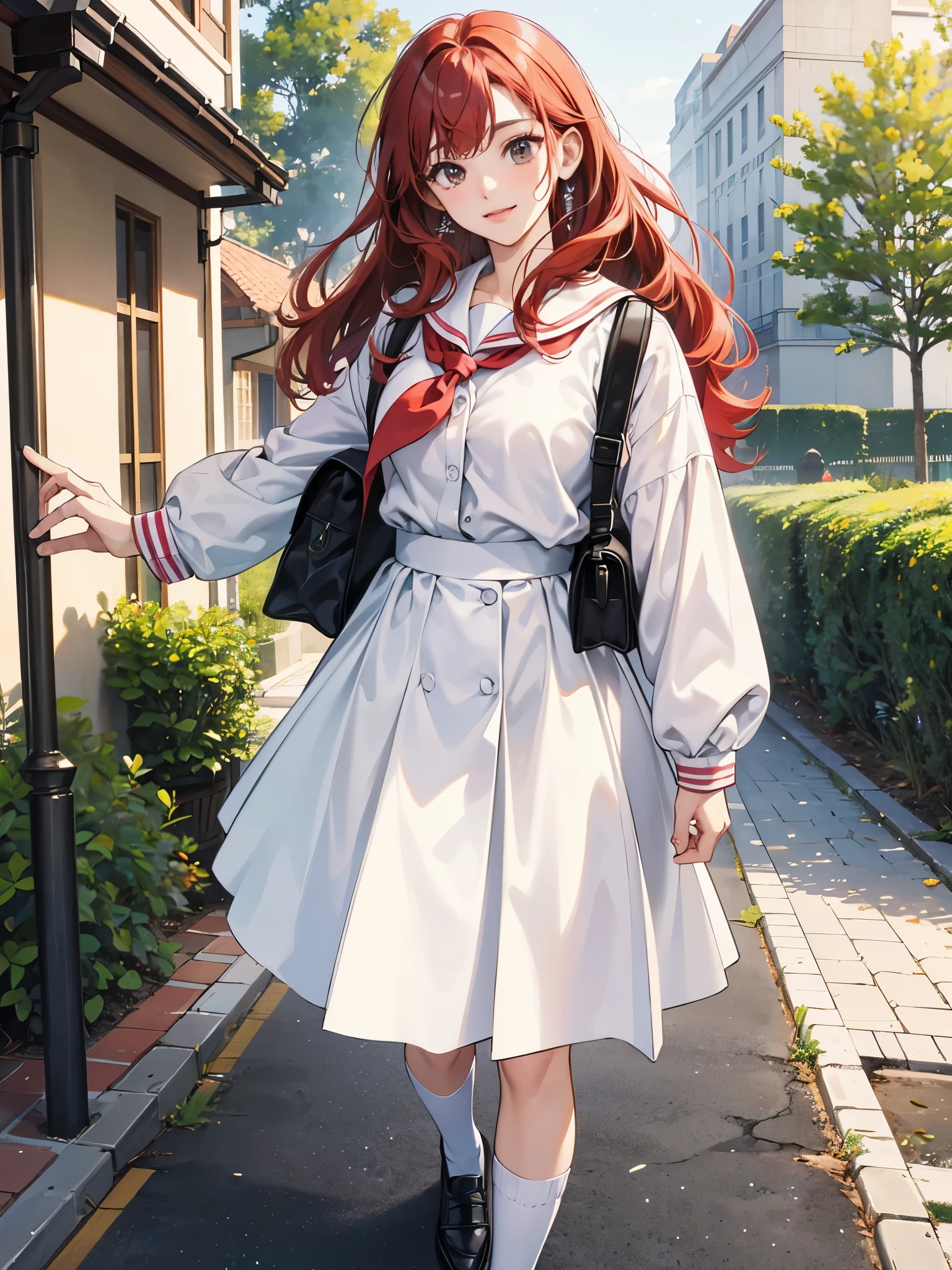  9 years.. E-book cover character . Shoulder-length curly hair and red hair. Bow on pink head. big brown eyes. white skin. same character. Wearing a navy blue skirt and white blouse as a high school uniform. White socks and black shoes. various poses, same characterが参照 A を嫌います , on school campus, Back of school building, carry school backpack, happy, happy, of perfect quality,  Coastal, laterally, Attracted, laterally, Side-by-side display, Physiognomy with different faces.clear focus (Clutter - Home: 0,8), (masterpiece: 1,2) (realist: 1,2) (Bokeh) (better quality) (fine skin: 1,3) (intricate details) (8K) (eye for detail) (sharp focus), (Happy)