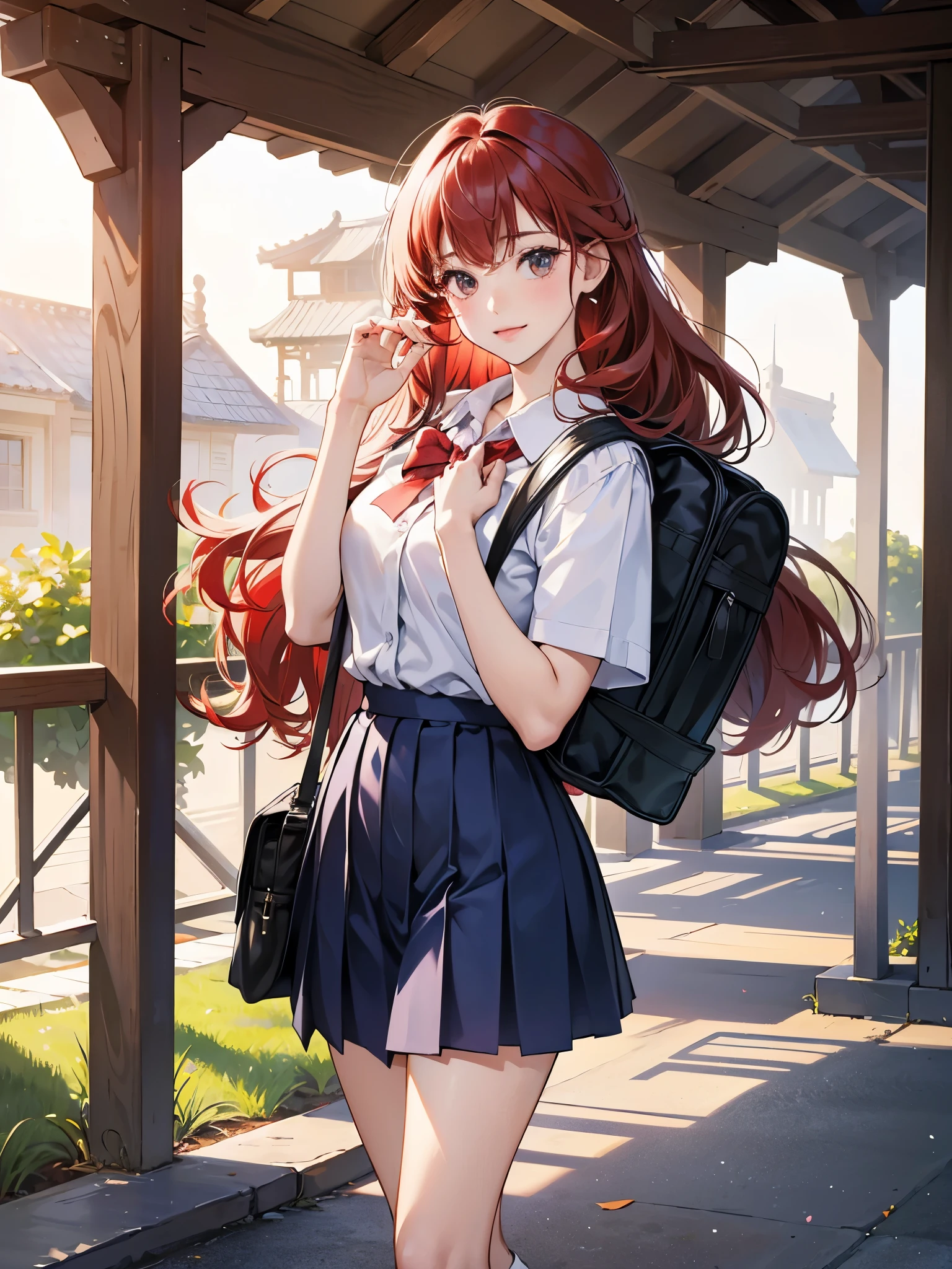  9 years.. E-book cover character . Shoulder-length curly hair and red hair. Bow on pink head. big brown eyes. white skin. same character. Wearing a navy blue skirt and white blouse as a high school uniform. White socks and black shoes. various poses, same characterが参照 A を嫌います , on school campus, Back of school building, carry school backpack, happy, happy, of perfect quality,  Coastal, laterally, Attracted, laterally, Side-by-side display, Physiognomy with different faces.clear focus (Clutter - Home: 0,8), (masterpiece: 1,2) (realist: 1,2) (Bokeh) (better quality) (fine skin: 1,3) (intricate details) (8K) (eye for detail) (sharp focus), (Happy)