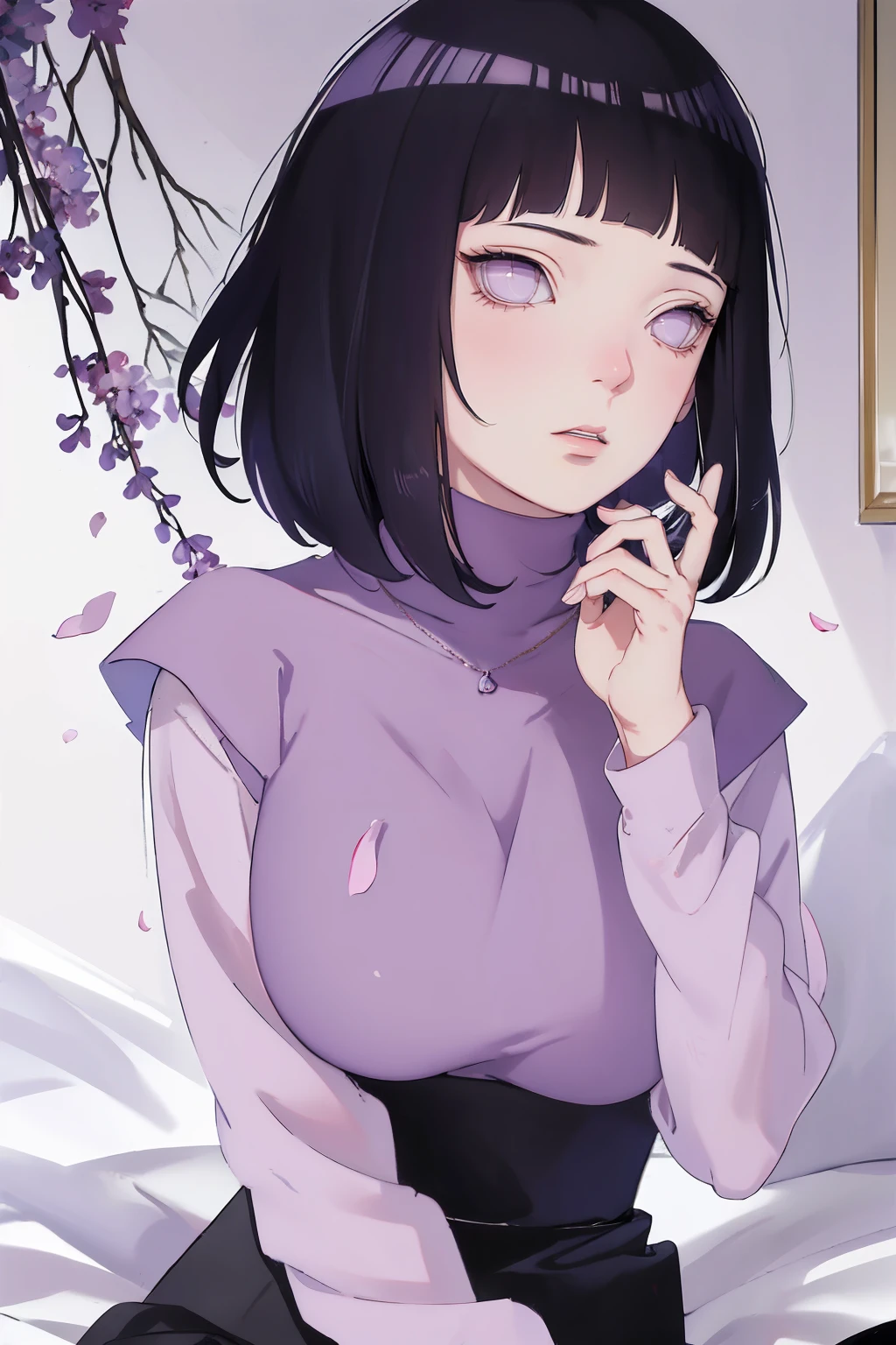 { - anatomy error} (Masterpiece - Ultra-detailed, very high resolution) (huge titusty, masterpiece, absurdres, hinata\(boruto\), 1girl, solo,mature female, lilac turtleneck blouse, high waist black short skirt, looking at viewelling petals), perfect composition, detailed lips, big breast, beautiful face, body propotion, blush, (pink lips), short hair, (black hair), purple eyes, soft gaze, super realistic, detailed, photoshoot, realistic face and body, closed mouth, sitting on the bed , lilac eyes, full body, with chin resting on shoulder, perfect fingers