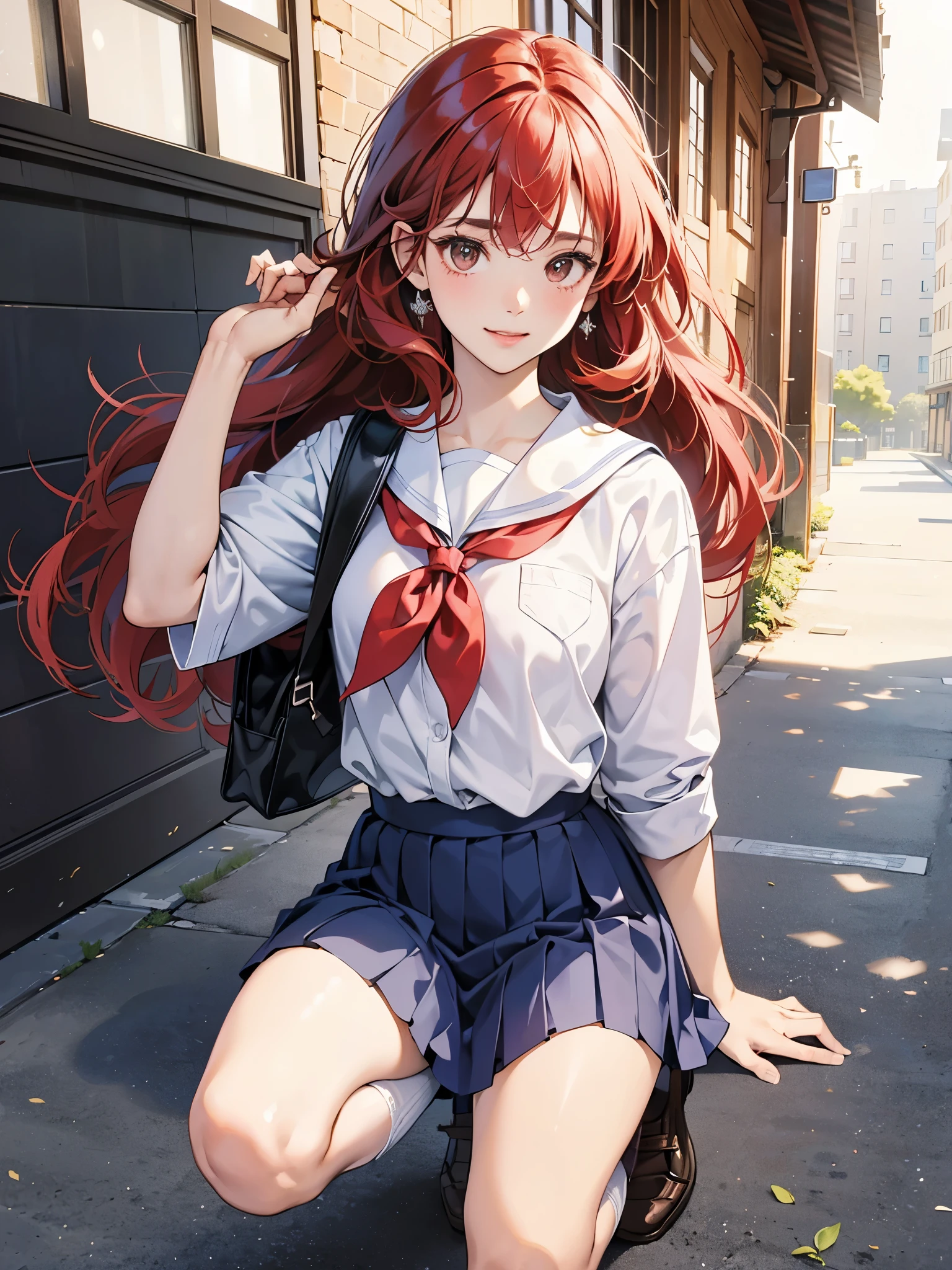  9 years.. E-book cover character . Shoulder-length curly hair and red hair. Bow on pink head. big brown eyes. white skin. same character. Wearing a navy blue skirt and white blouse as a high school uniform. White socks and black shoes. various poses, same characterが参照 A を嫌います , on school campus, Back of school building, carry school backpack, happy, happy, of perfect quality,  Coastal, laterally, Attracted, laterally, Side-by-side display, Physiognomy with different faces.clear focus (Clutter - Home: 0,8), (masterpiece: 1,2) (realist: 1,2) (Bokeh) (better quality) (fine skin: 1,3) (intricate details) (8K) (eye for detail) (sharp focus), (Happy)