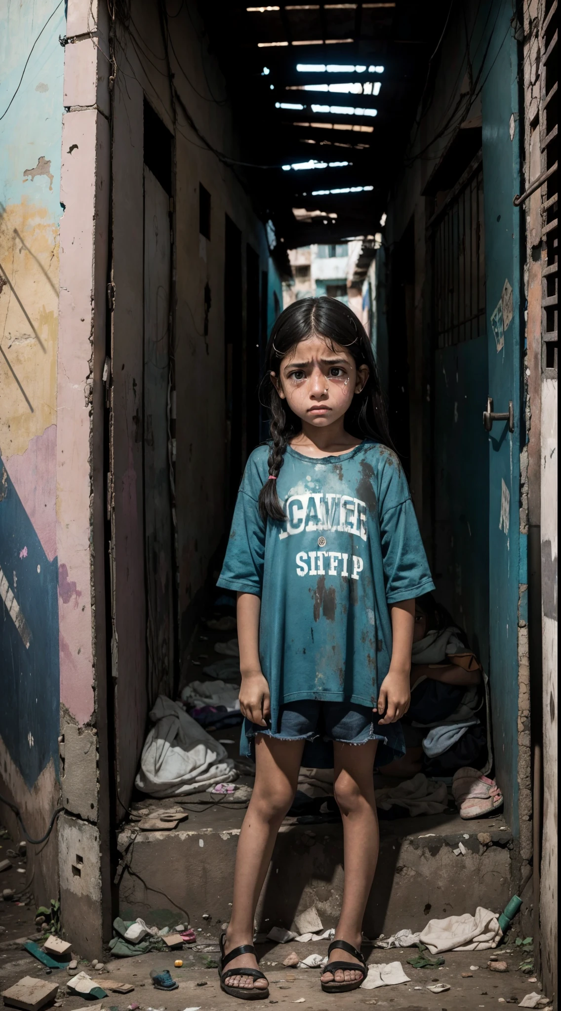 disabled girl, sad face, always repeating the same face, always repeating the same proportions, always repeating the same appearance, always repeating the same clothes, alone, full body, in a very dirty and deserted favela, crying