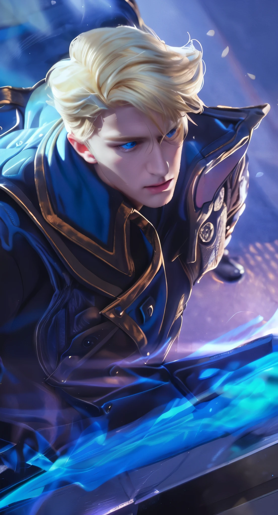 Real life adaption of this character,handsome,same blonde hair,blue eyes, realistic same outfit, realistic light, realistic shadow, realism, hyper realistic, (photorealistic 1:2)