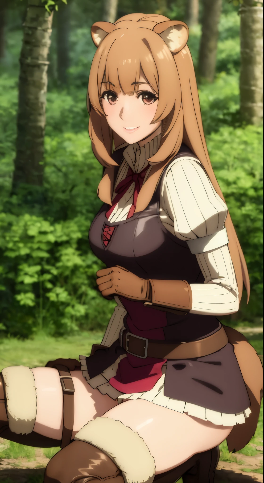 highest quality, rough, 1 girl, roughタリア、super mini skirt、white panties、squatting down、spread legs,show white panties,sexy,美しいthighs、raccoon ears, a racoon girl, animal ears, solo, long hair, brown hair, racoon tail, tail, gloves, thigh boots, knee boots, smile, bangs, thighs, thighs, looking at the viewer, full body, brown gloves, belt, long sleeves, Are standing, dress, band, closed mouth, brown shoes, Blogna, 短いdress, zettai ryouiki, red ribbon full definition, (realistic:1.4), masterpiece, blurred background, わずかなsmile, Slightly pink cheeks,in the forest, clear sky